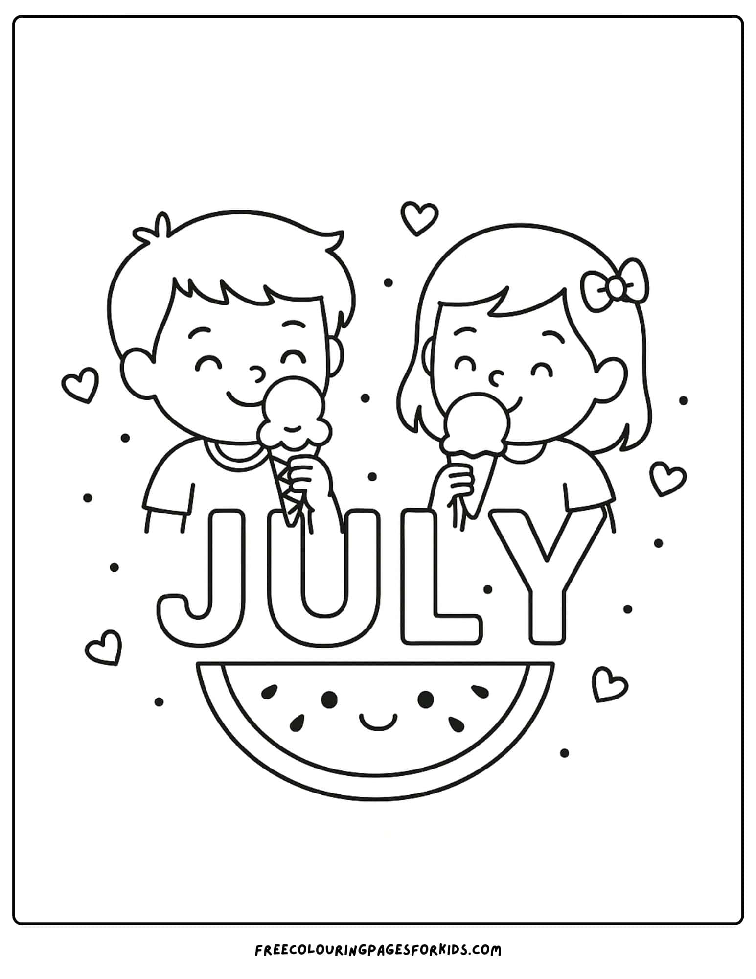 the word july with two kids eating ice cream