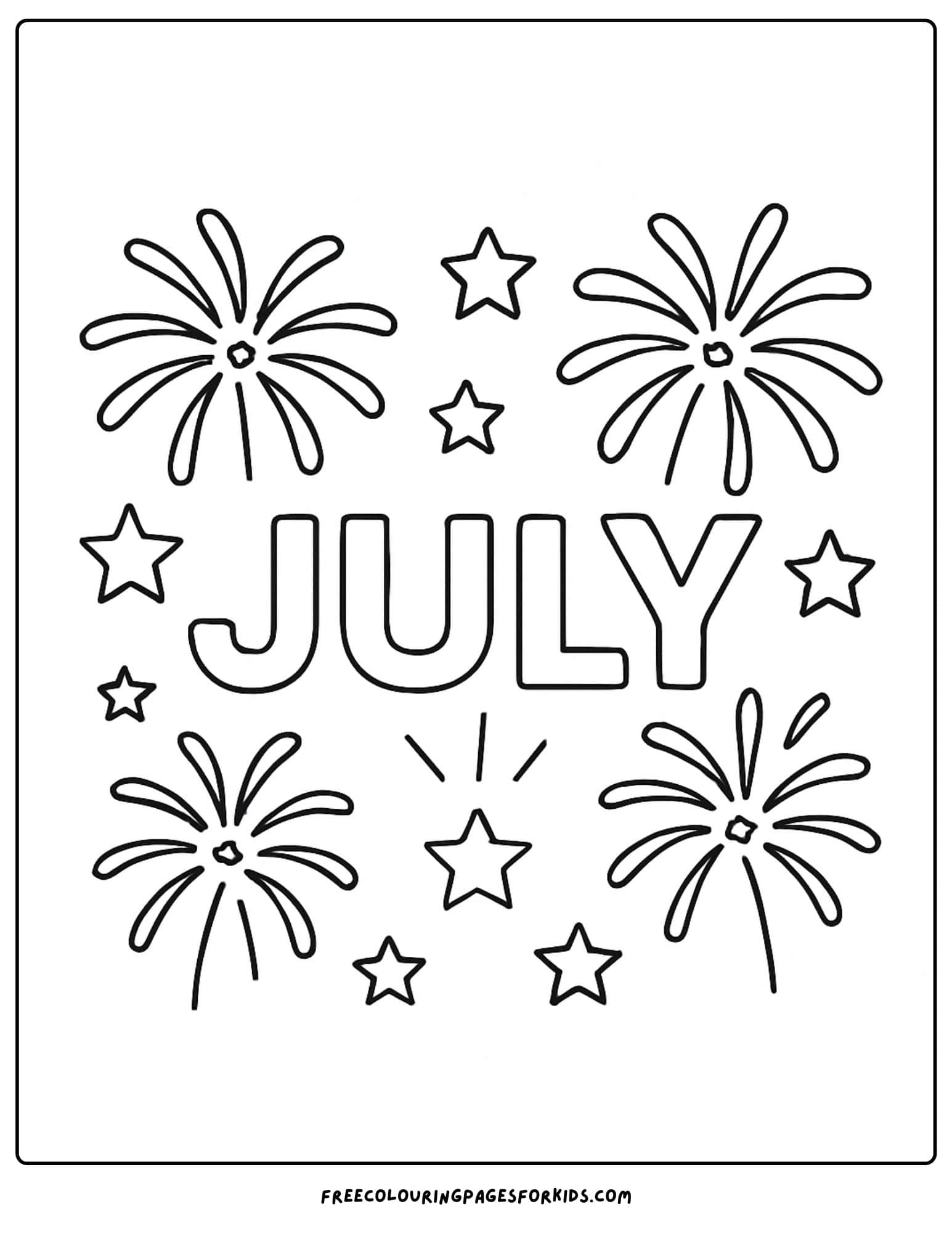 the word july with fireworks around