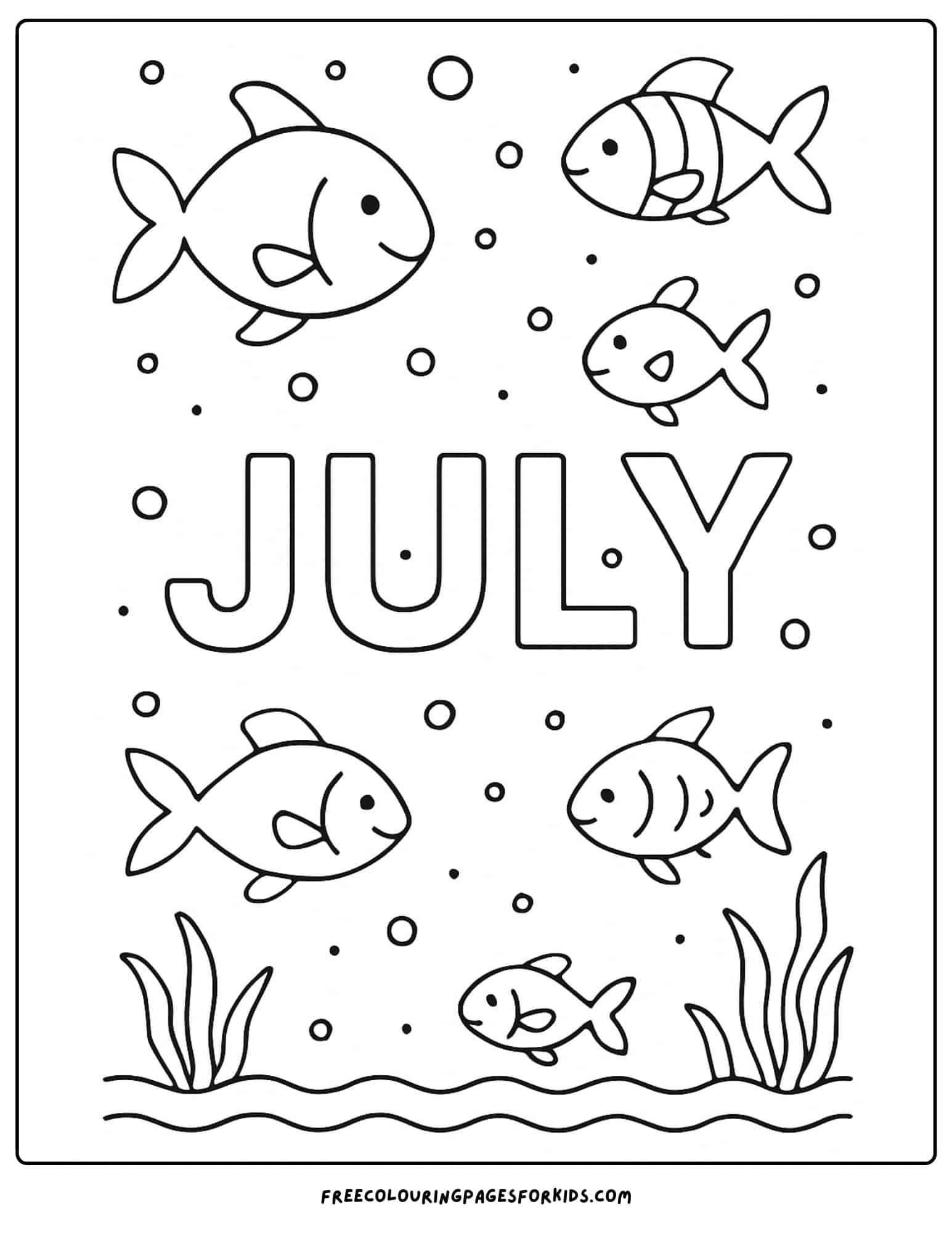 the word july with fish swimming around under the sea