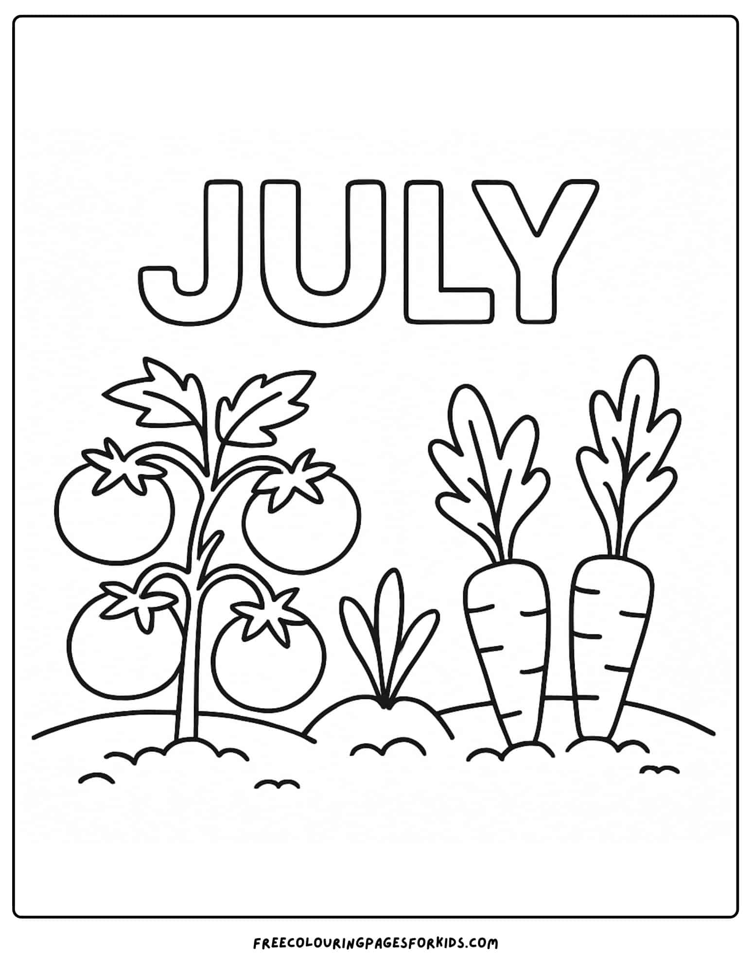 the word july with garden tomatoes and carrots