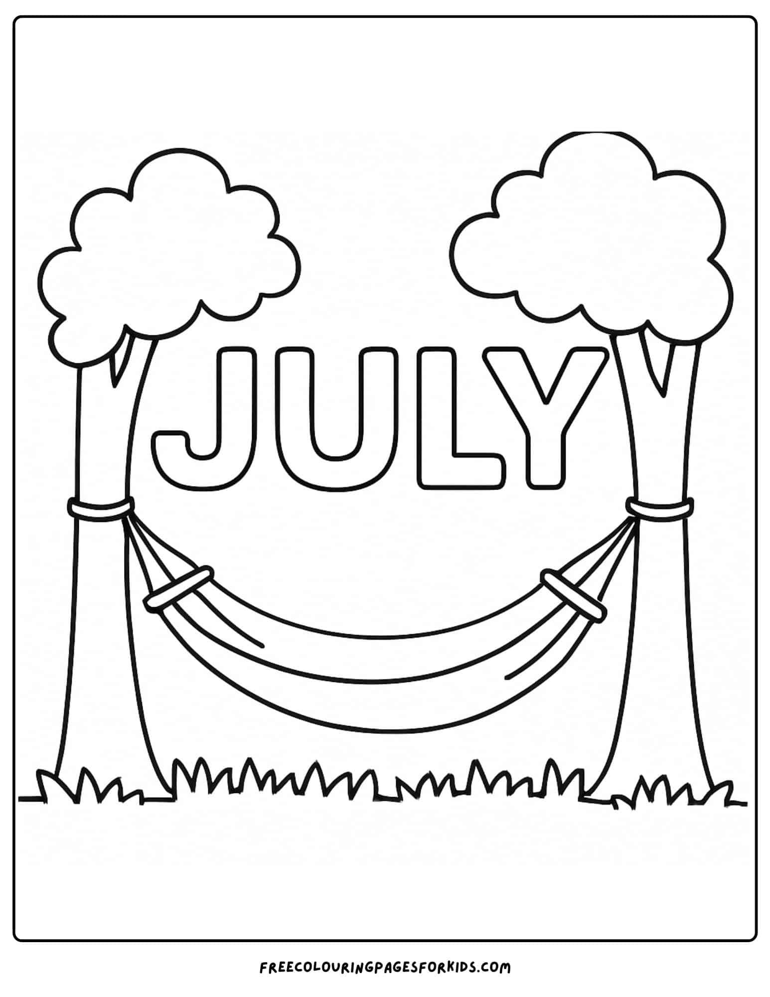the word july with above a hammock between two trees
