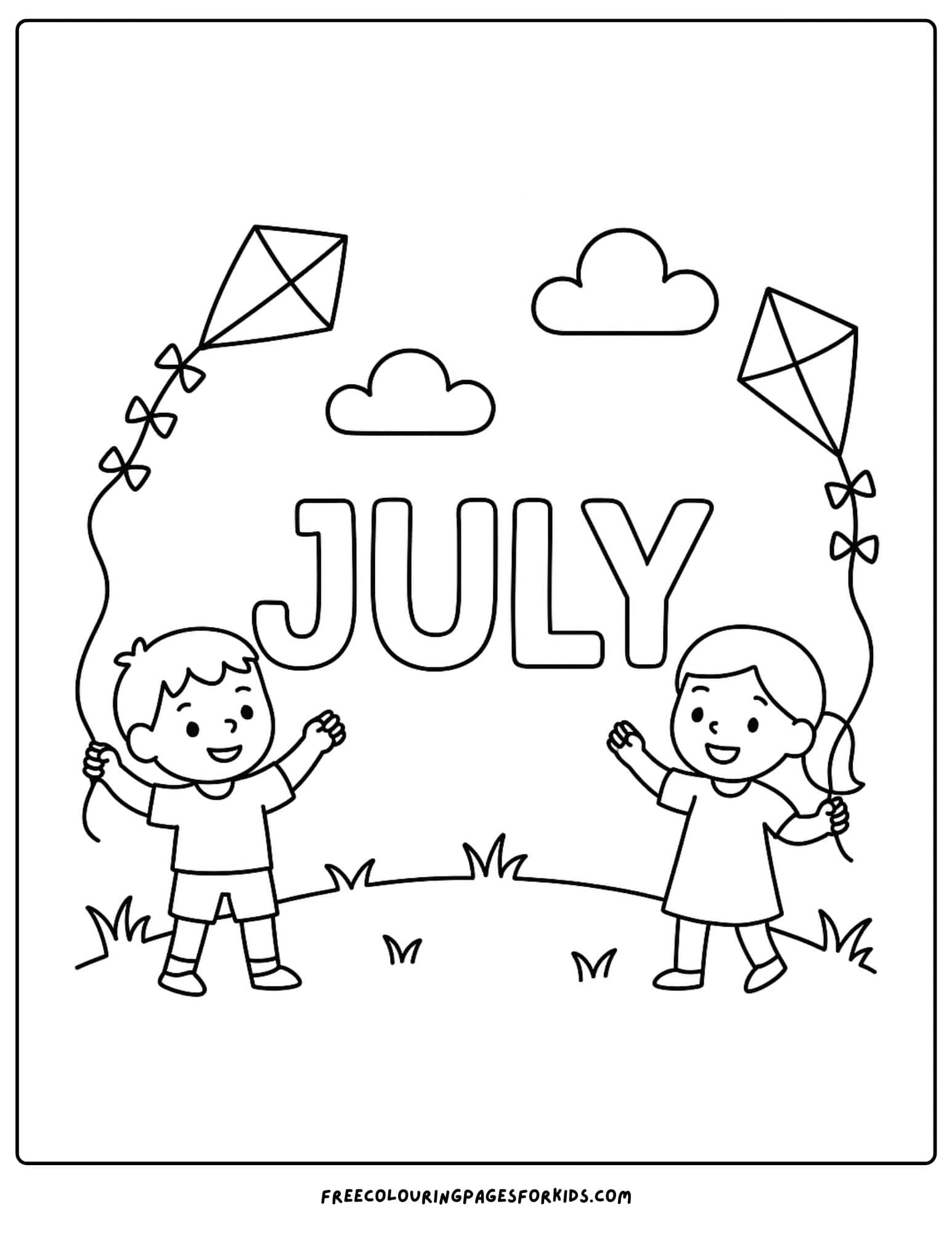 the word july with above kids flying kites