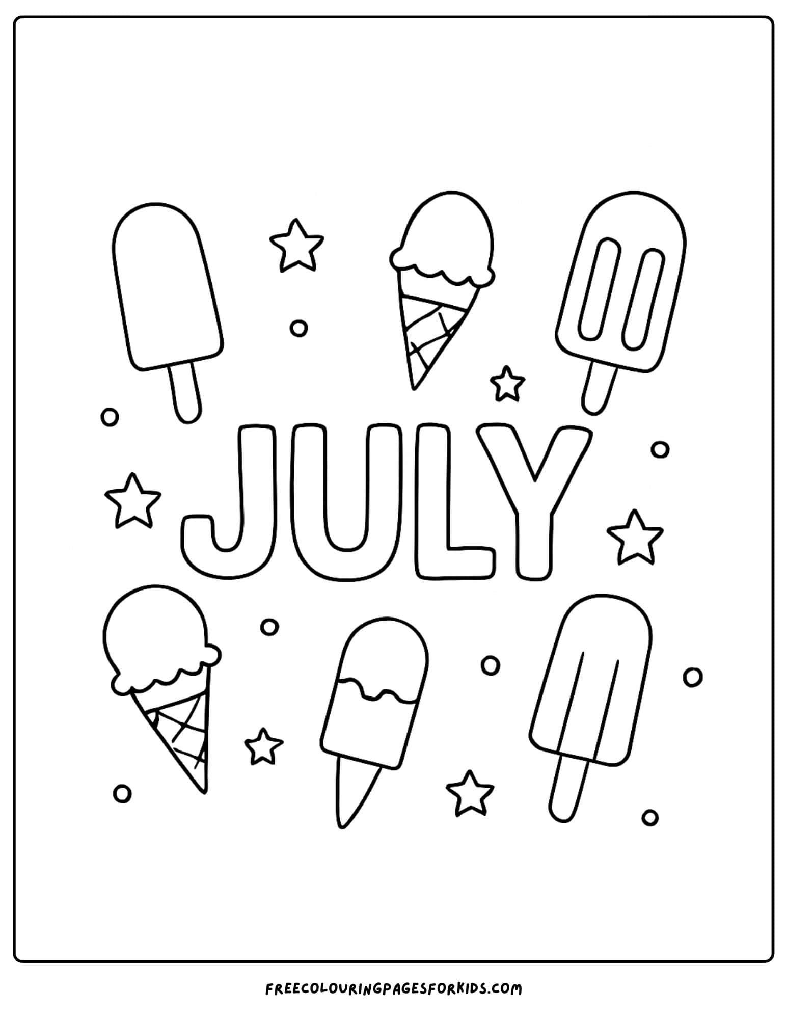 the word july with popsicles and ice creams