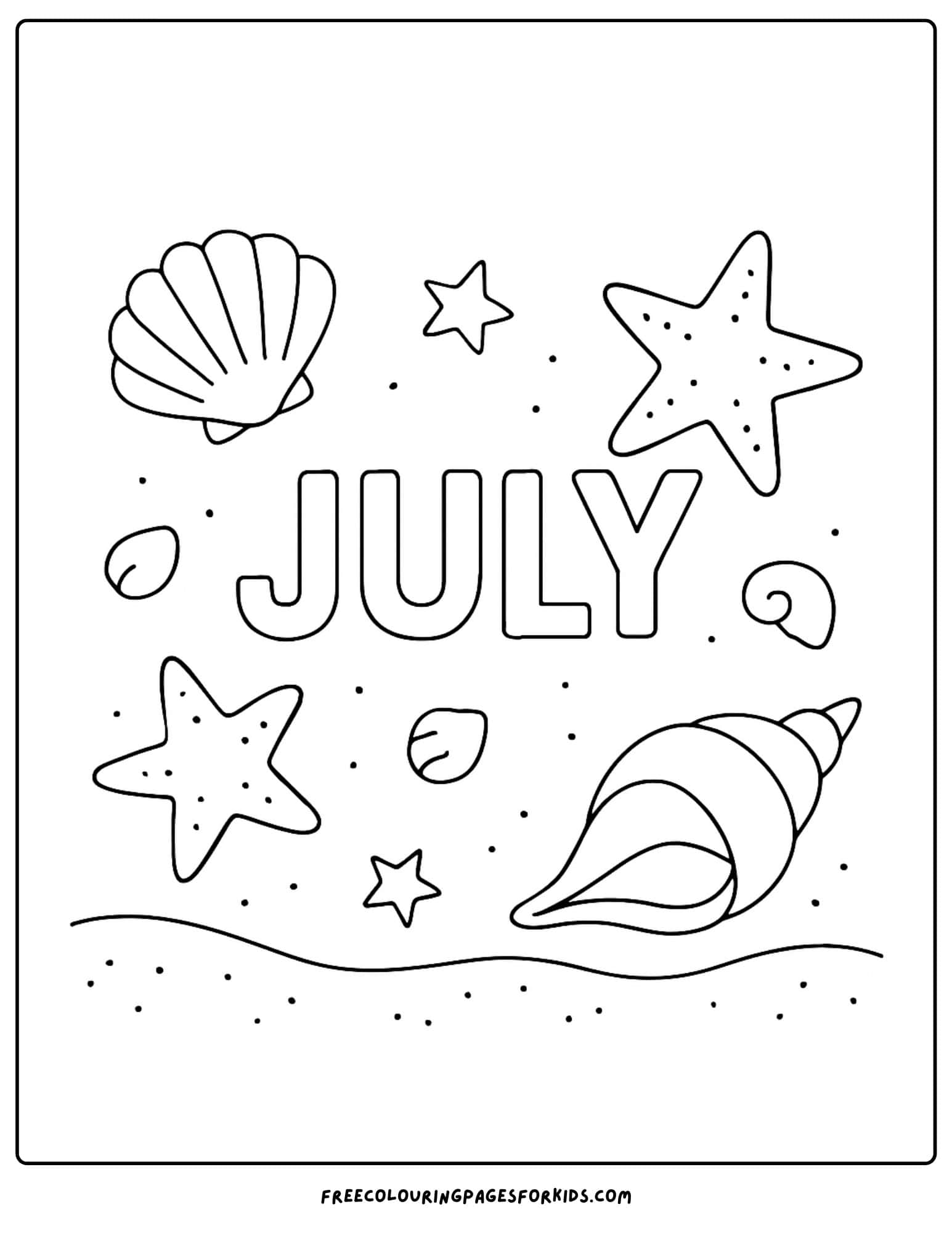 the word july with sea shells
