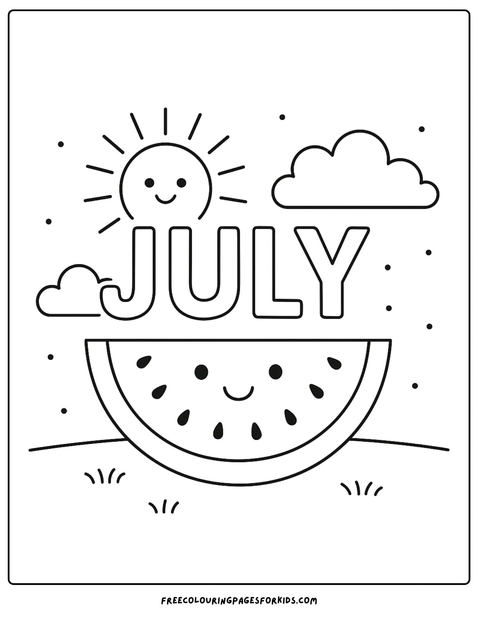 the word july with a smiling watermelon and sun
