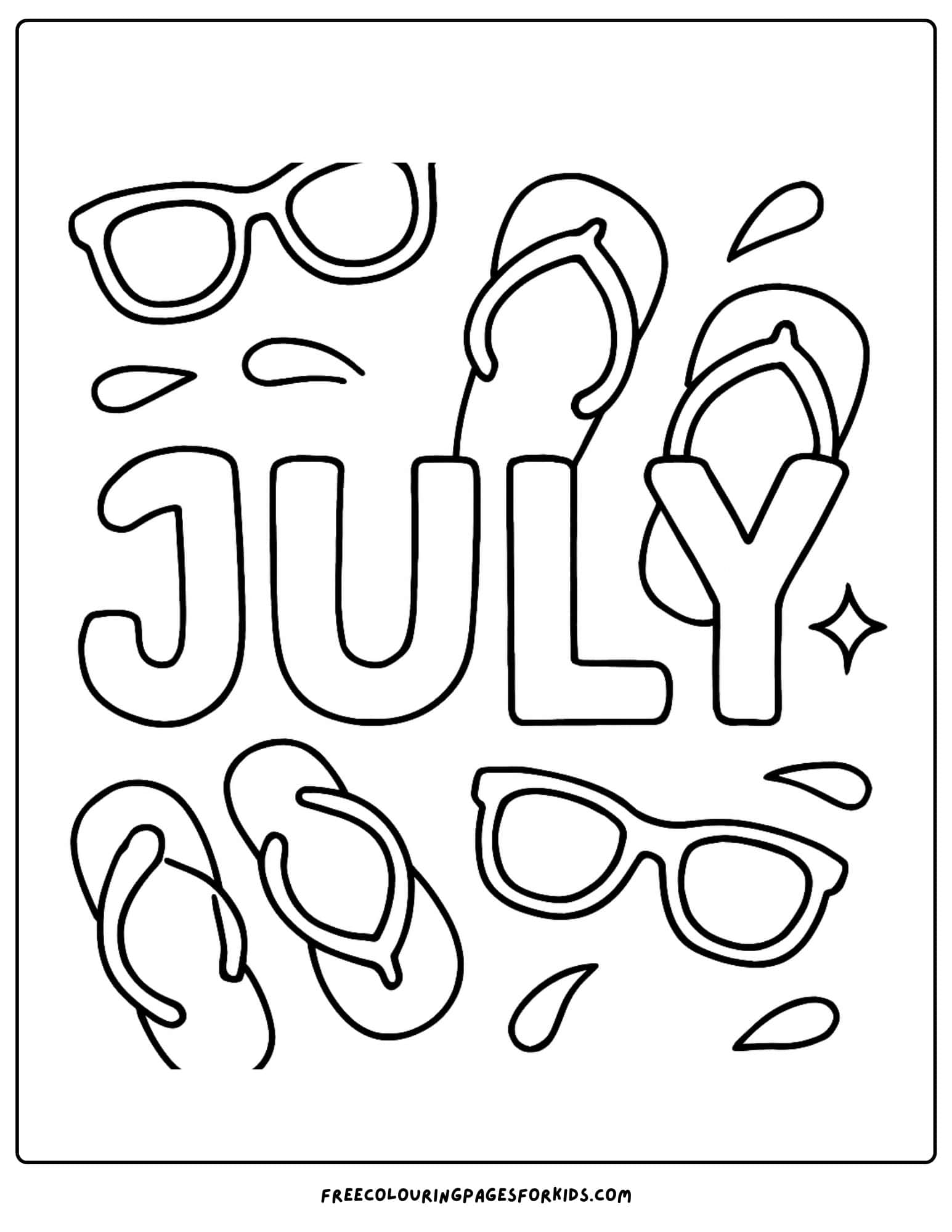 the word july with flip flops and sunglasses