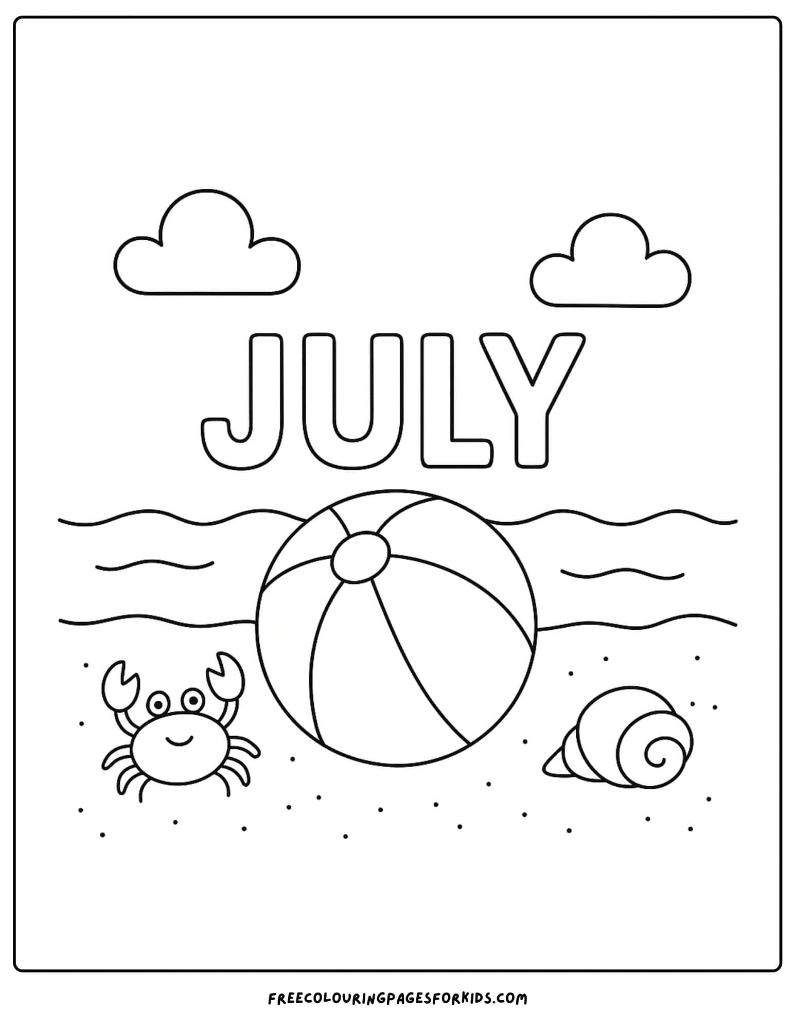 the word july with a beach ball and crab on the beach