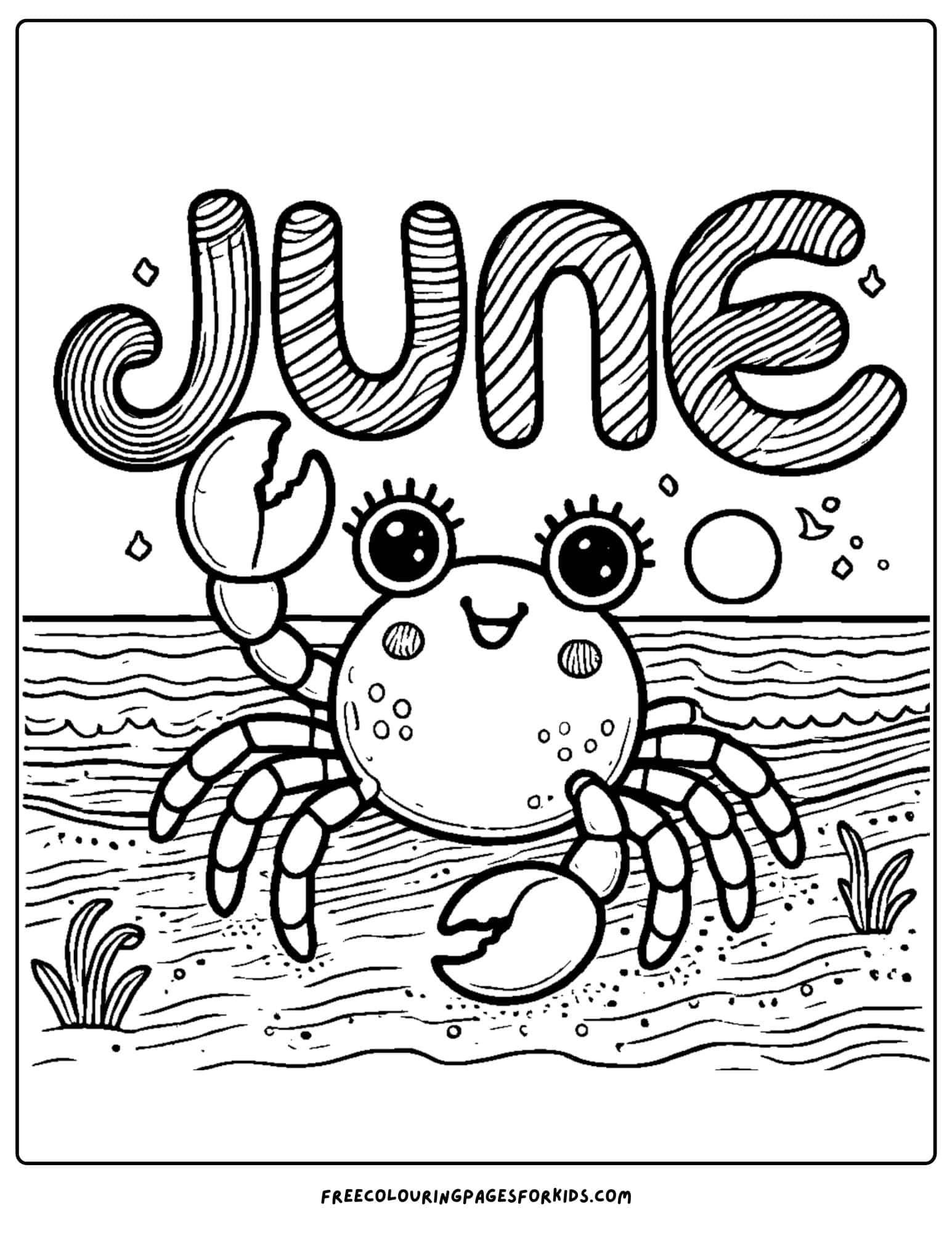 a crab at the beach with the word june above it