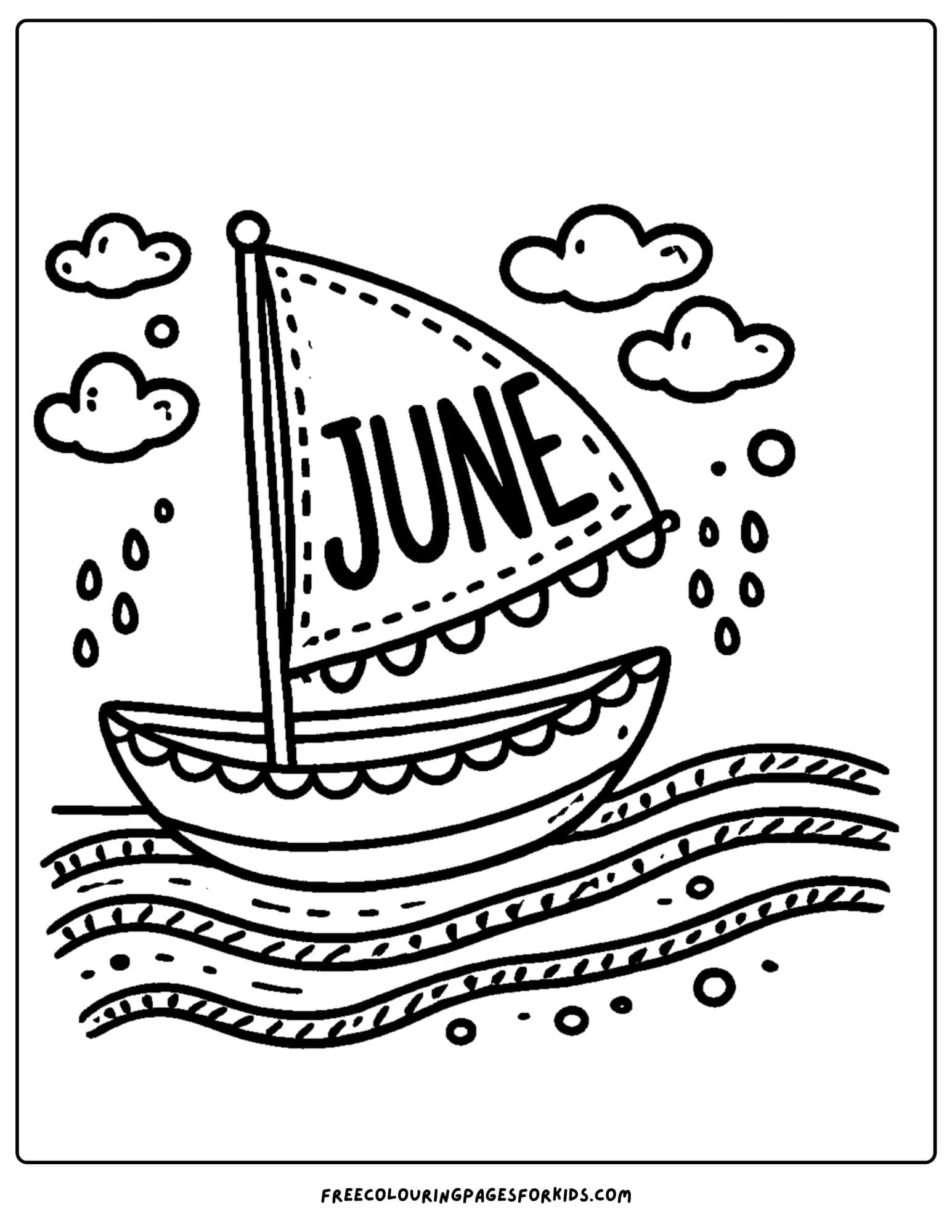 a sailing boat on the water with the word june written on the sail