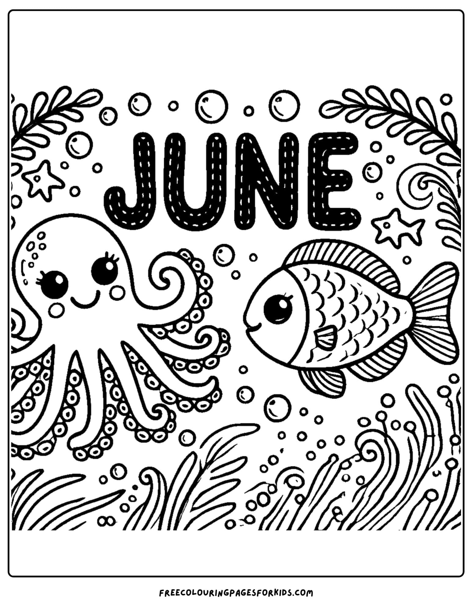 an octopus and fish in the water with the word june