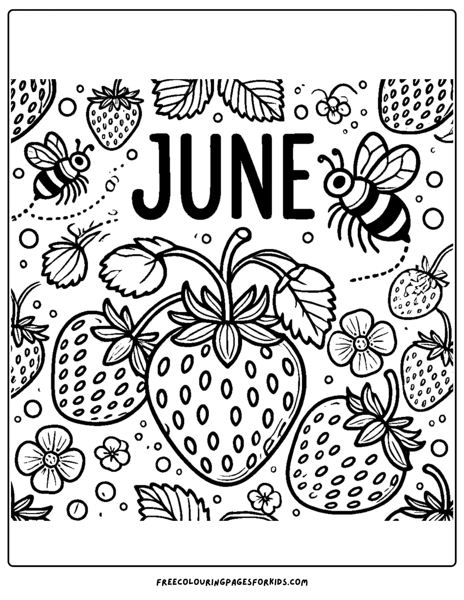an image of strawberries and bees around the words june