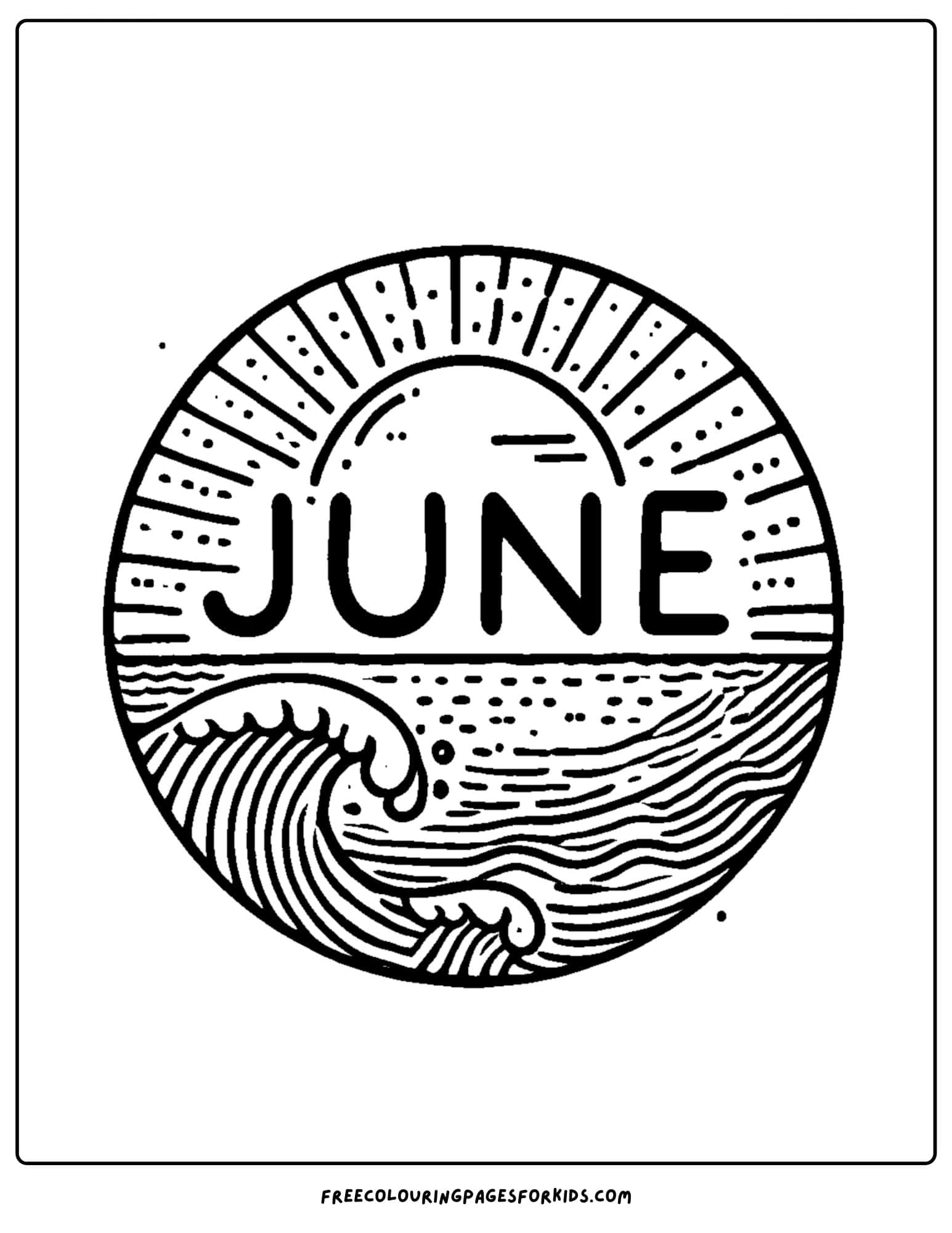 a sunset over the ocean with the word june on it