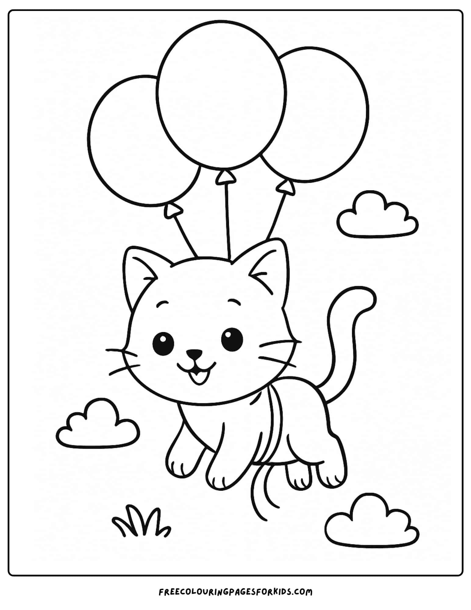 a kitten floating up in the air with balloons