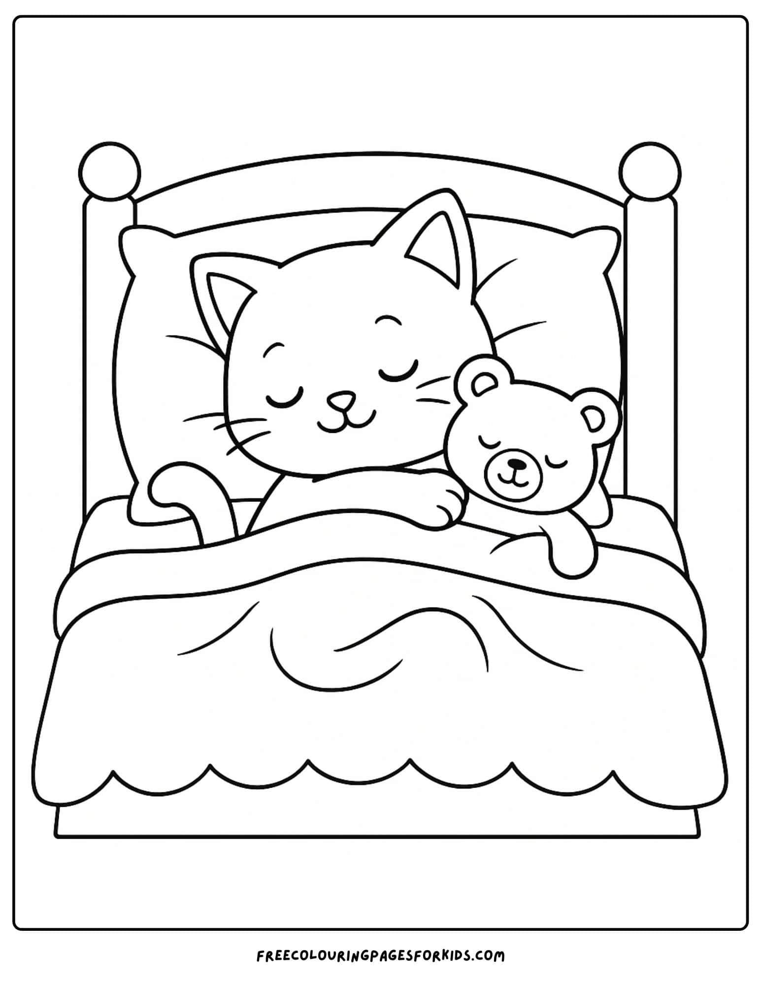 a kitten in bed with a teddy
