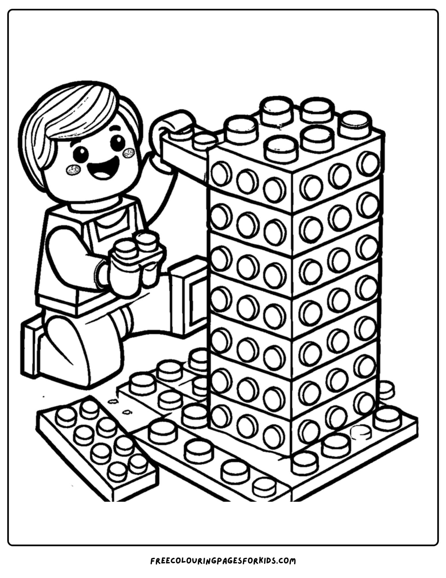 a lego boy building a tower