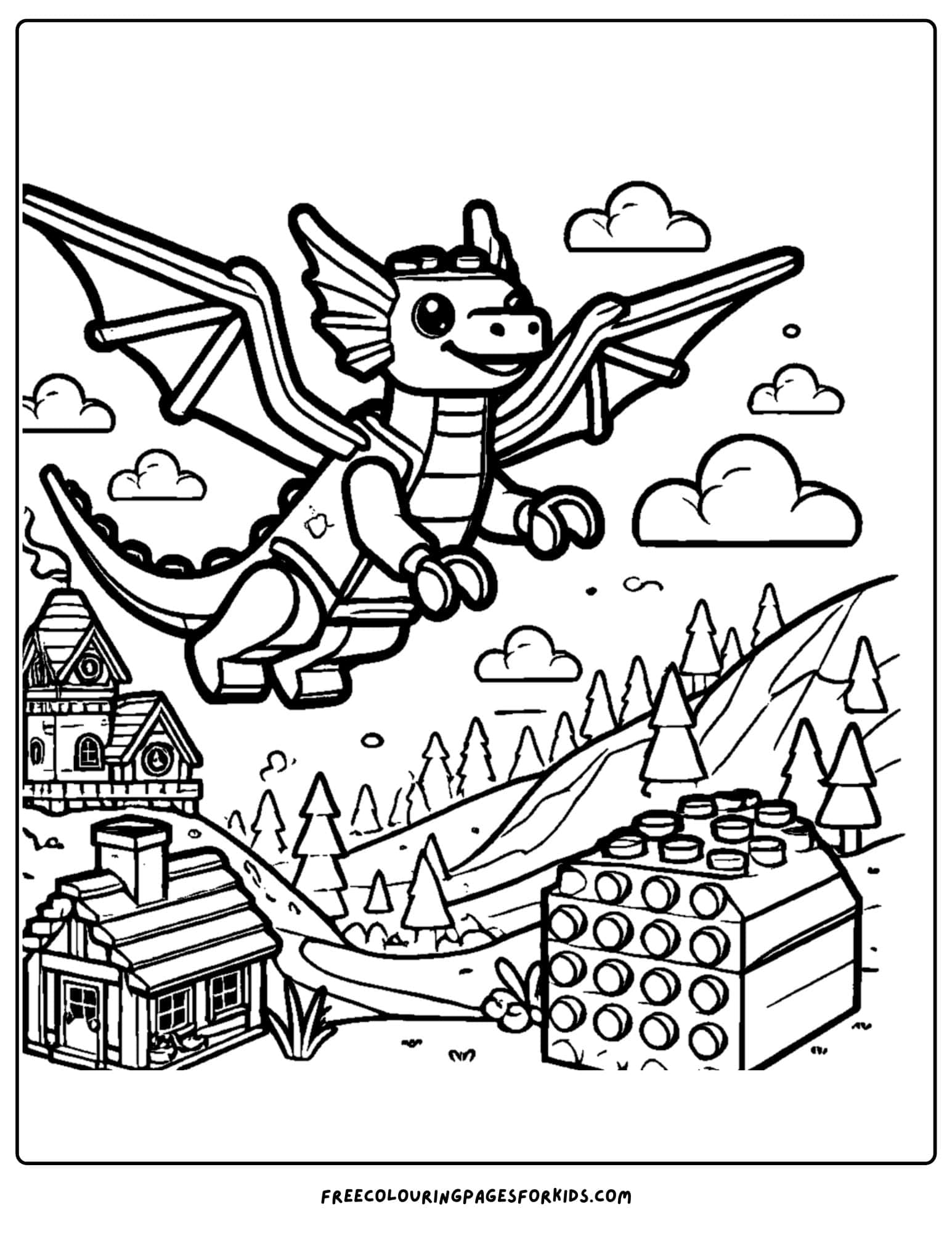 a lego dragon flying over a village