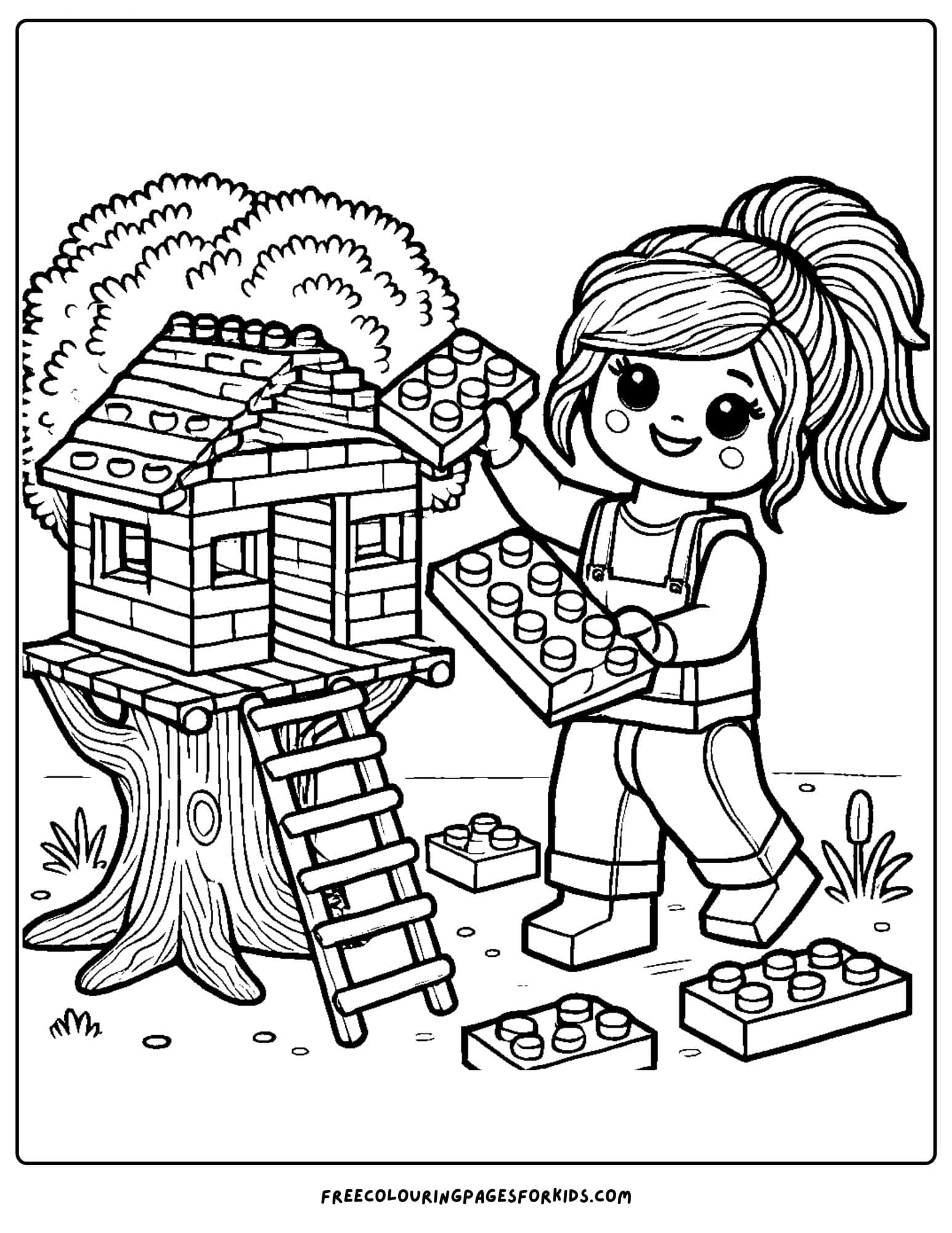 a girl building a lego treehouse