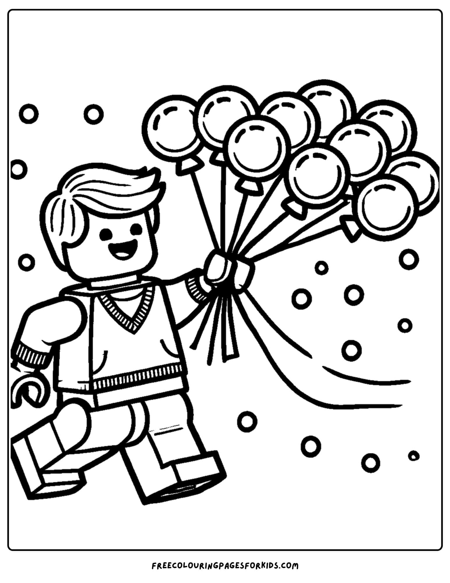 a lego man holding balloons