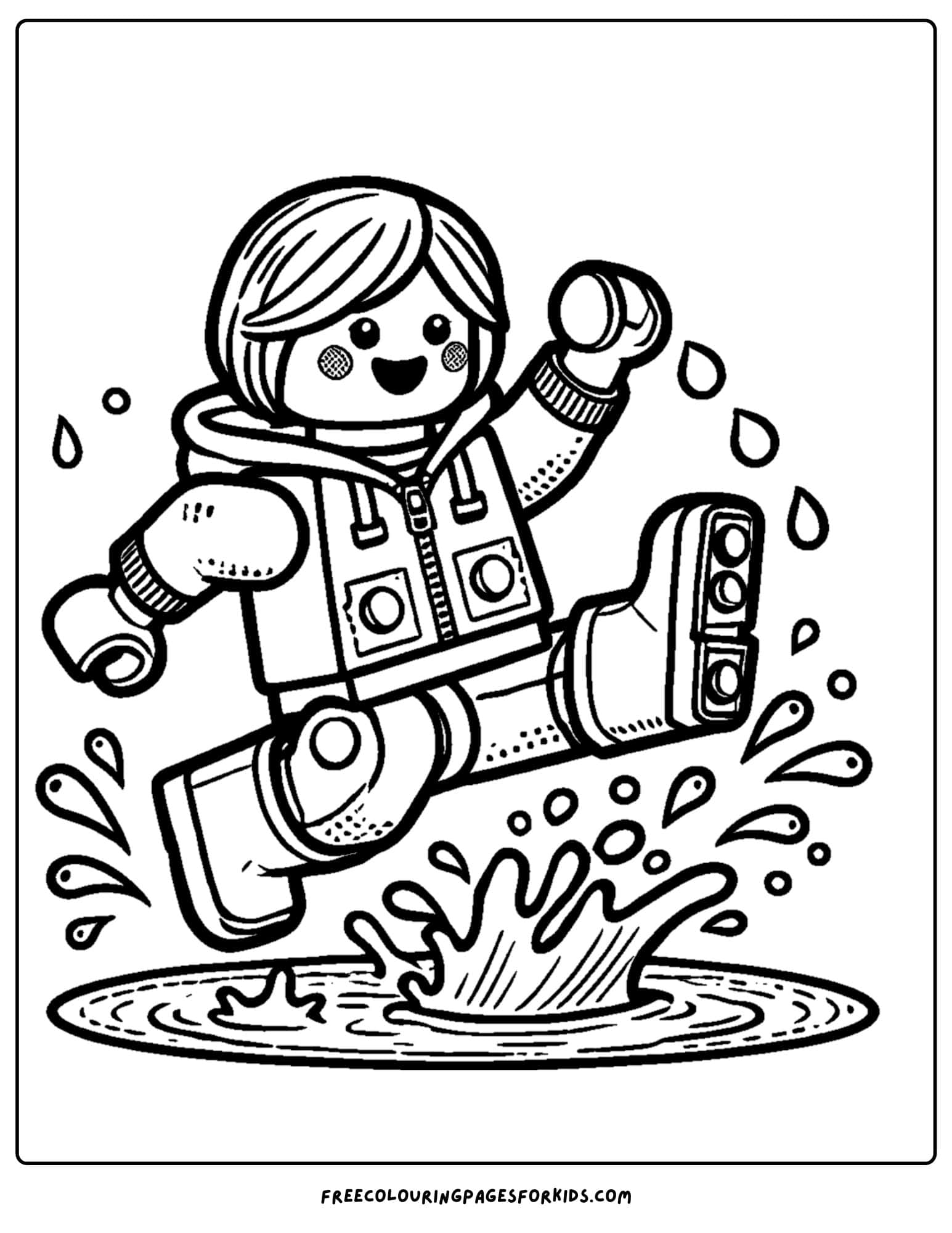 a lego kid jumping a puddle