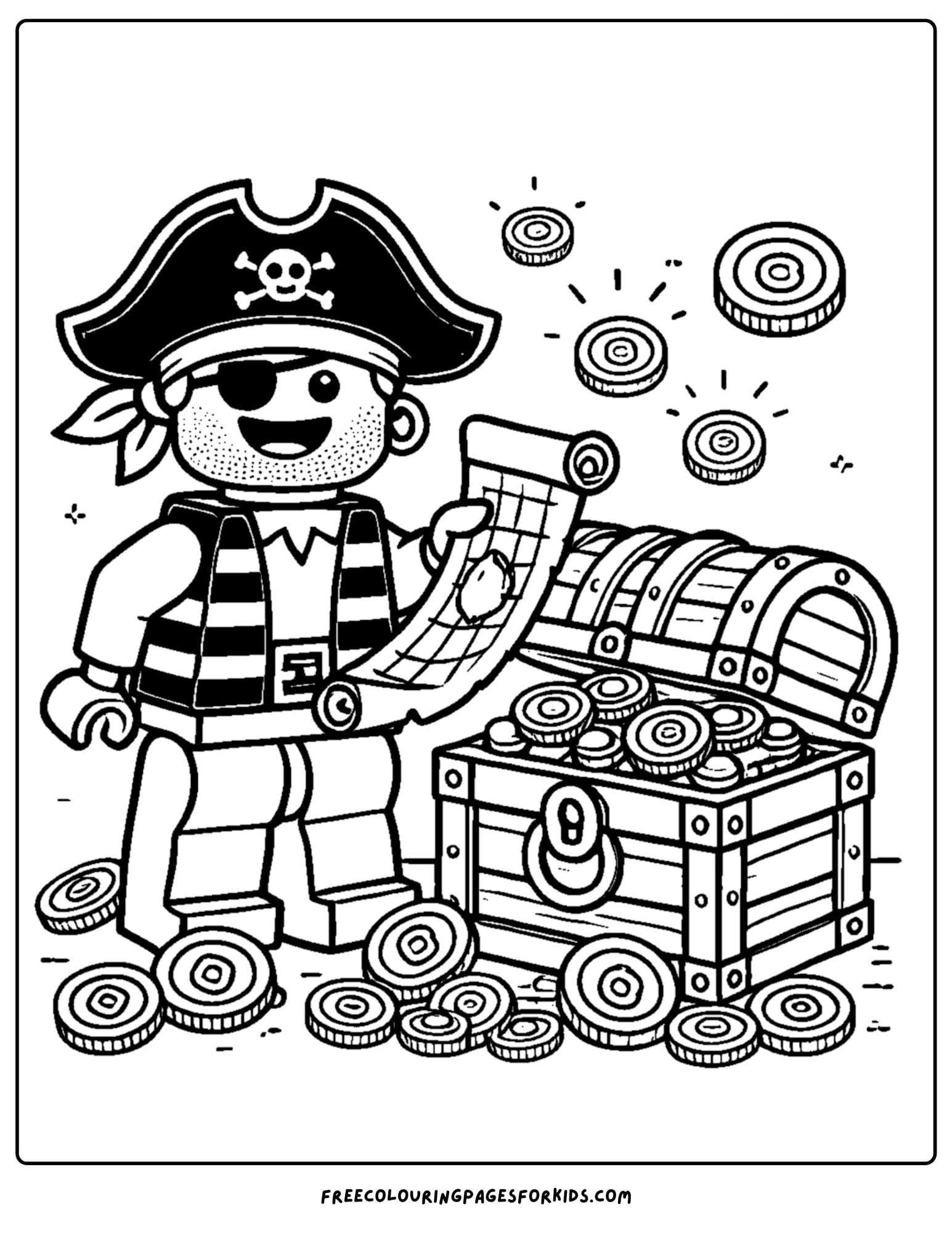 a lego pirate with a treasure chest
