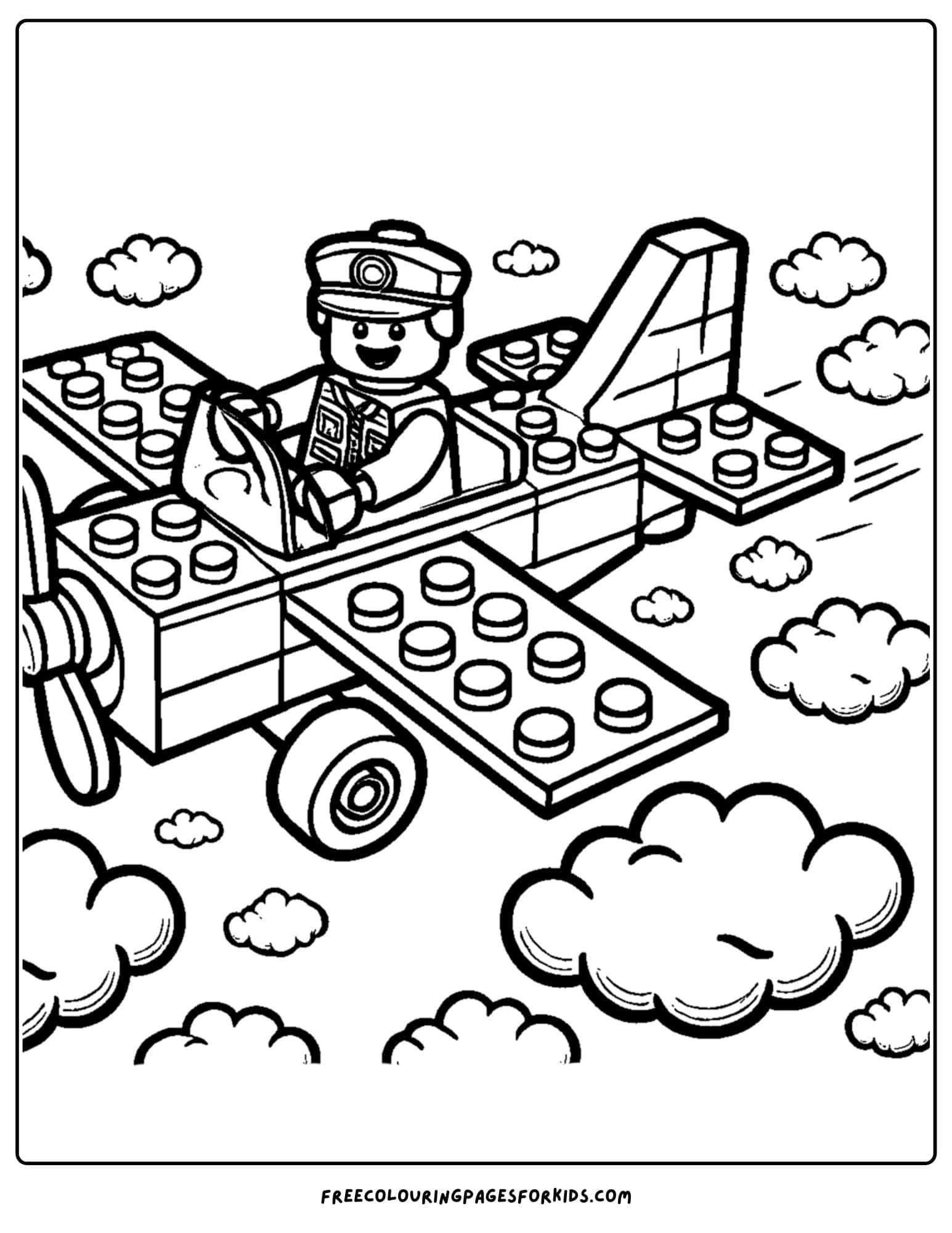 a lego plane flying in the clouds