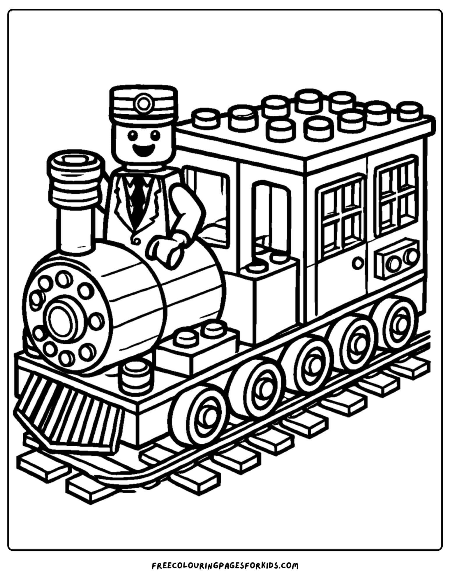 a lego train with a conductor