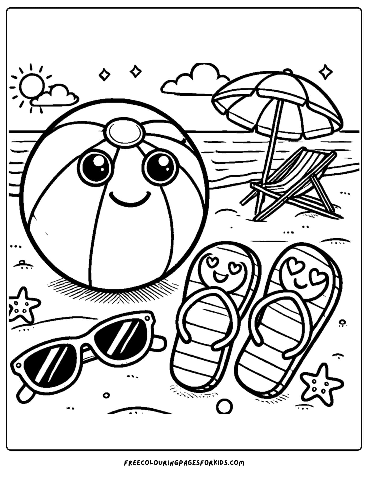 a beach ball, sunglasses and flip flops on the sand
