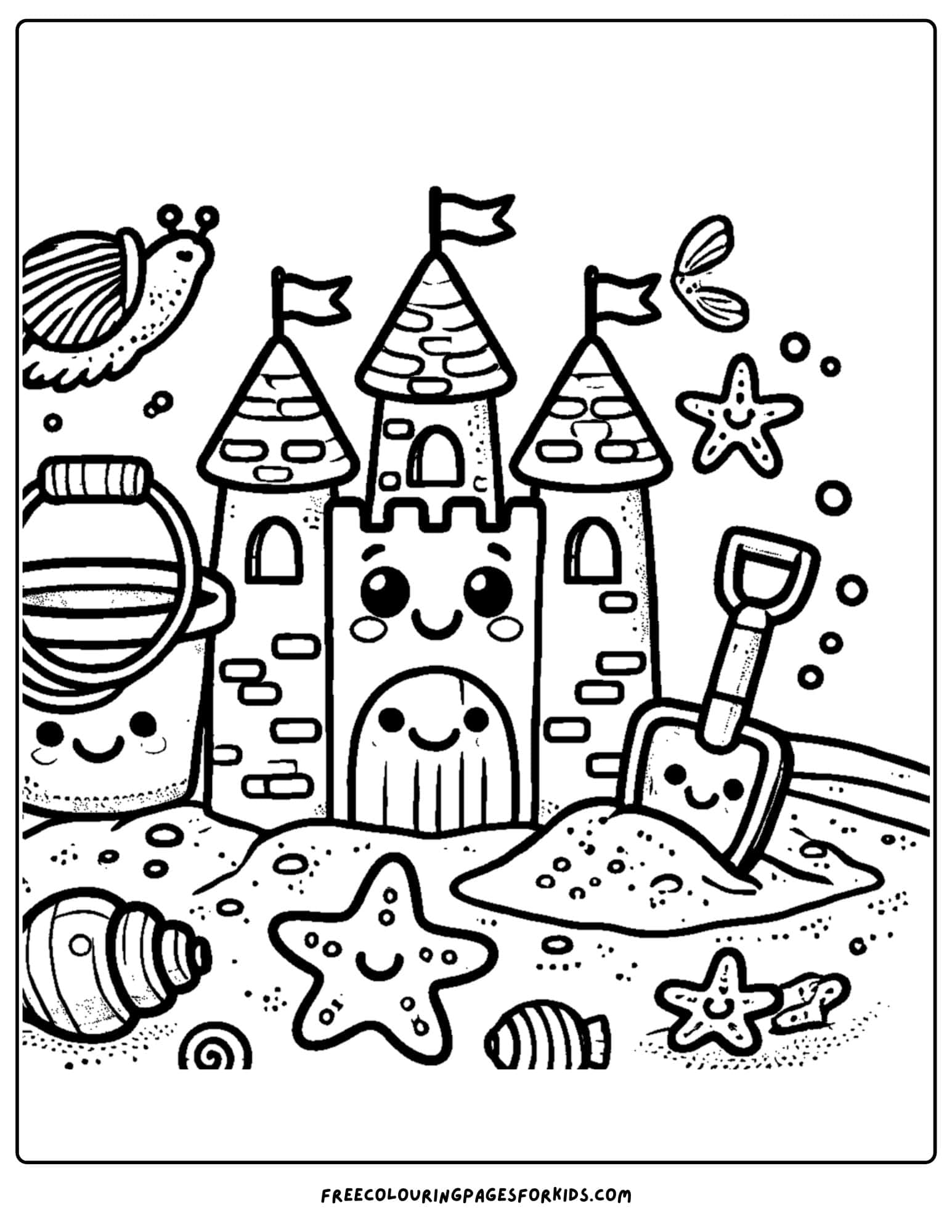 a sandcastle with buckt and shovel
