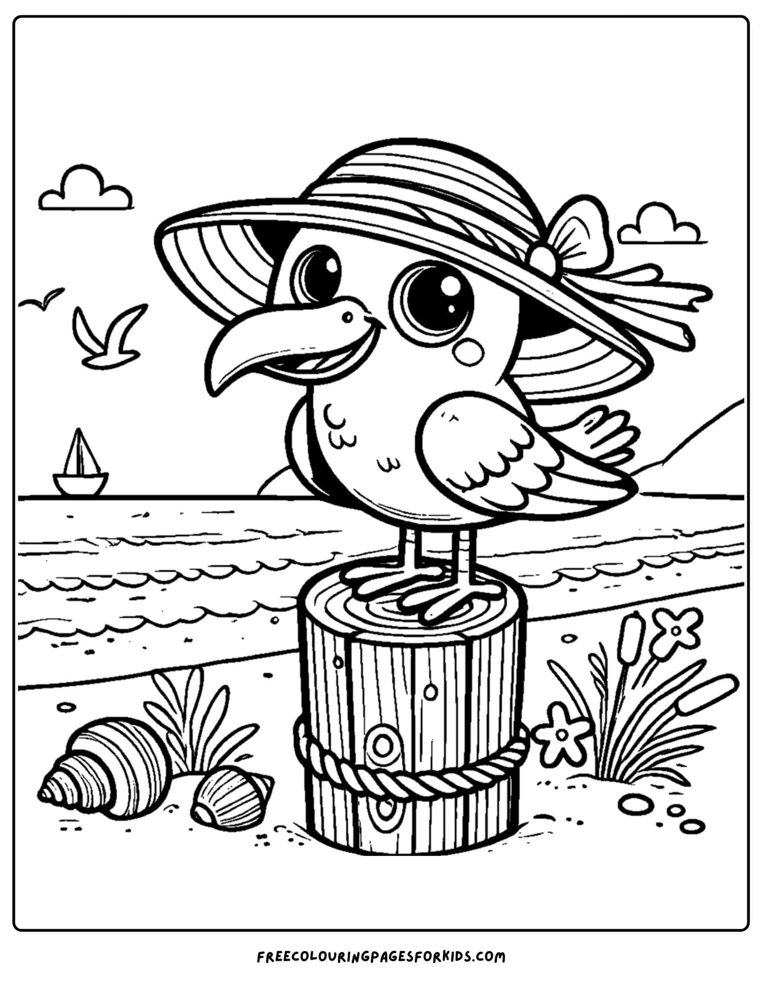 a seagull wearing a hat at the beach