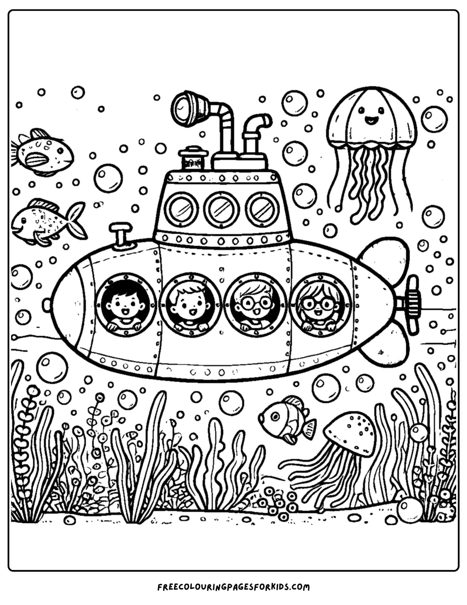 a submarine full of kids exploring under the ocean