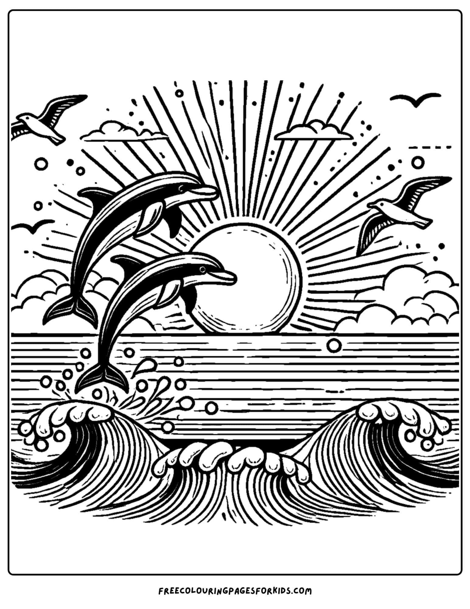 dolphins jumping out of the ocean at sunset