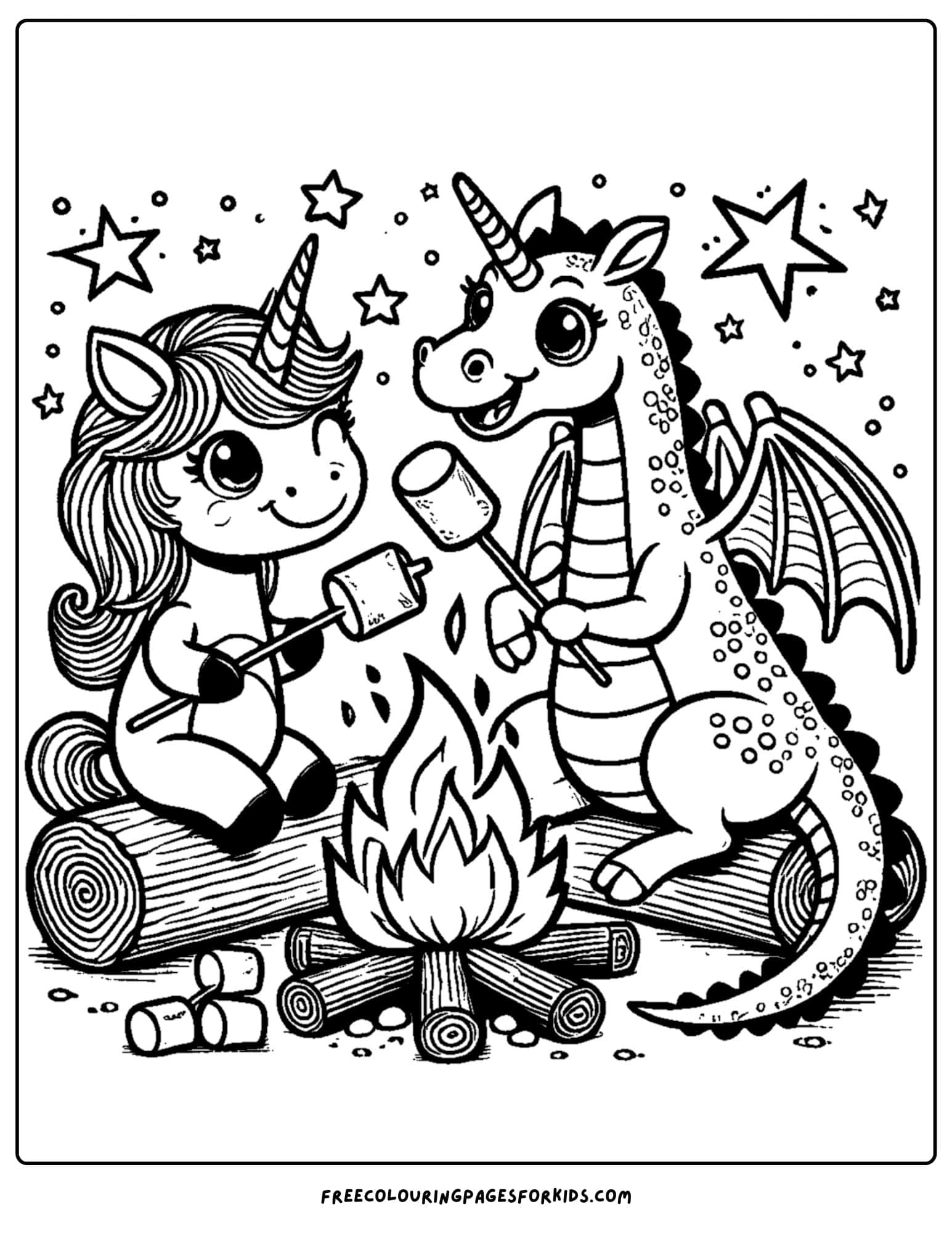 a unicorn camping with a dragon