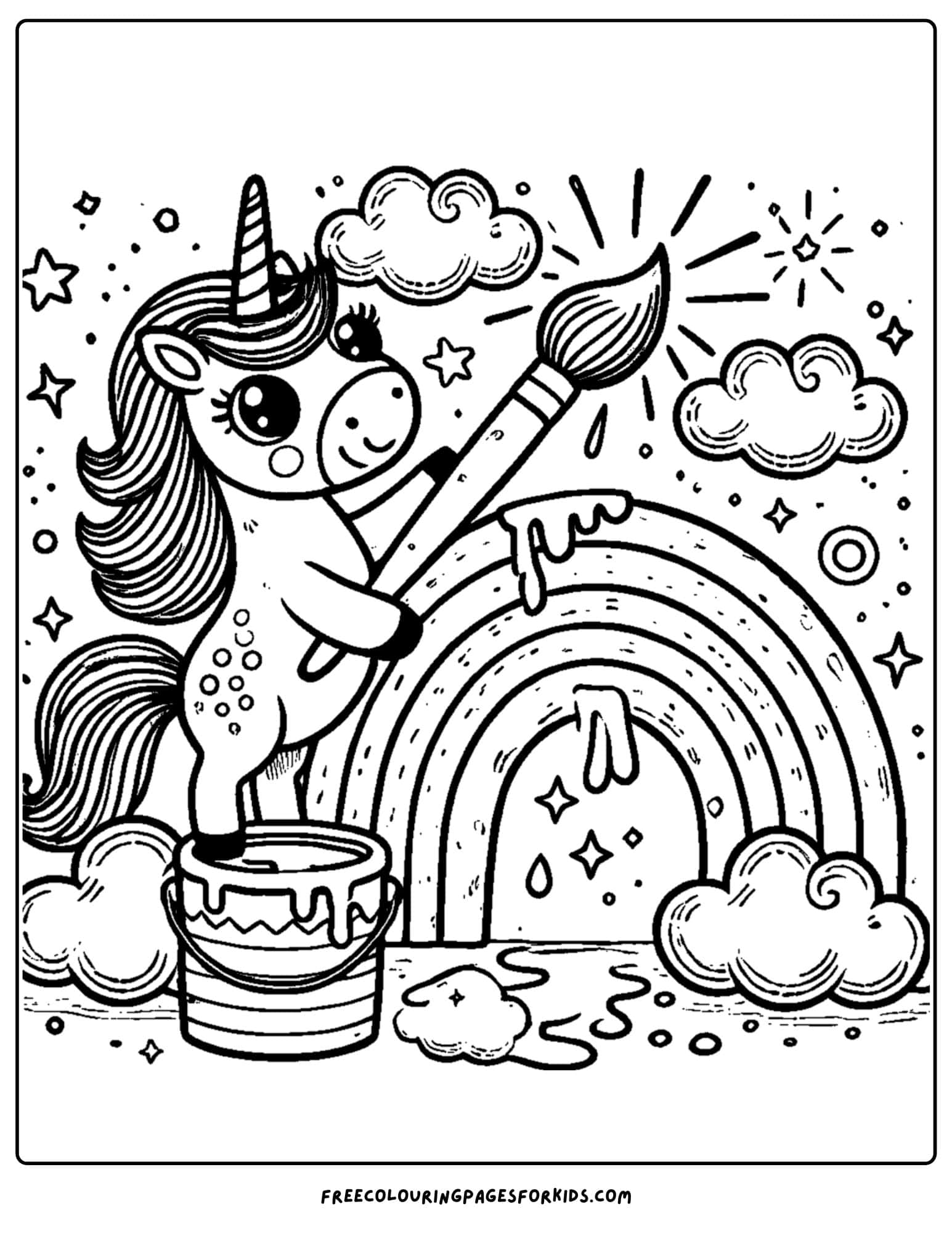 a unicorn painting the sky and rainbow