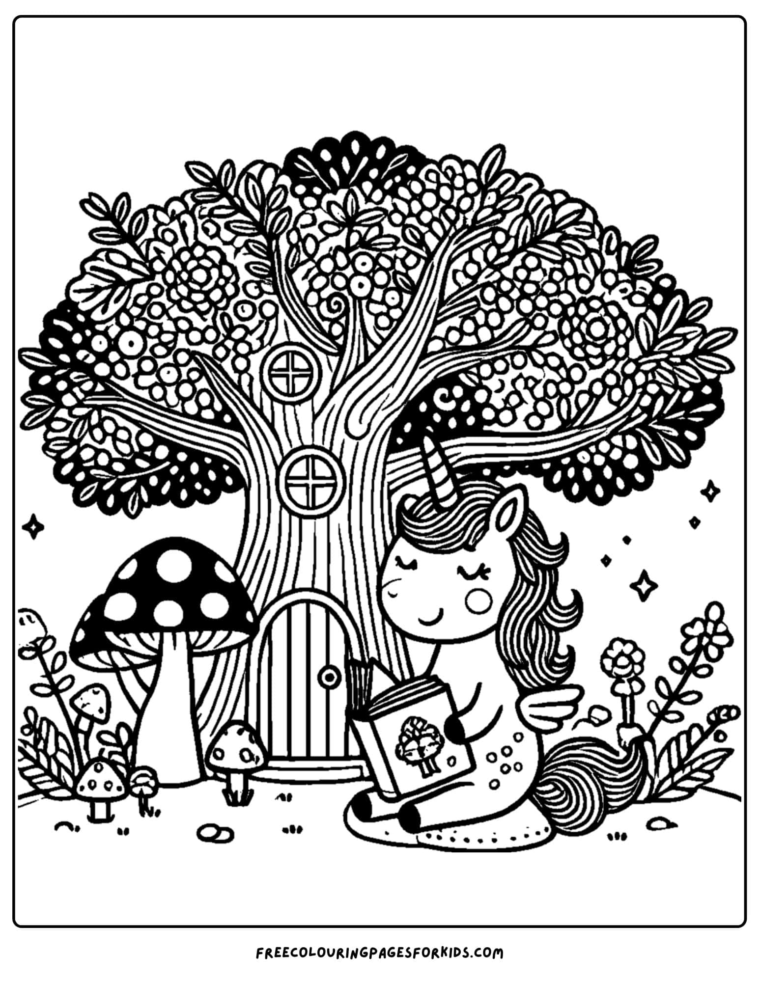 a unicorn reading under a tree