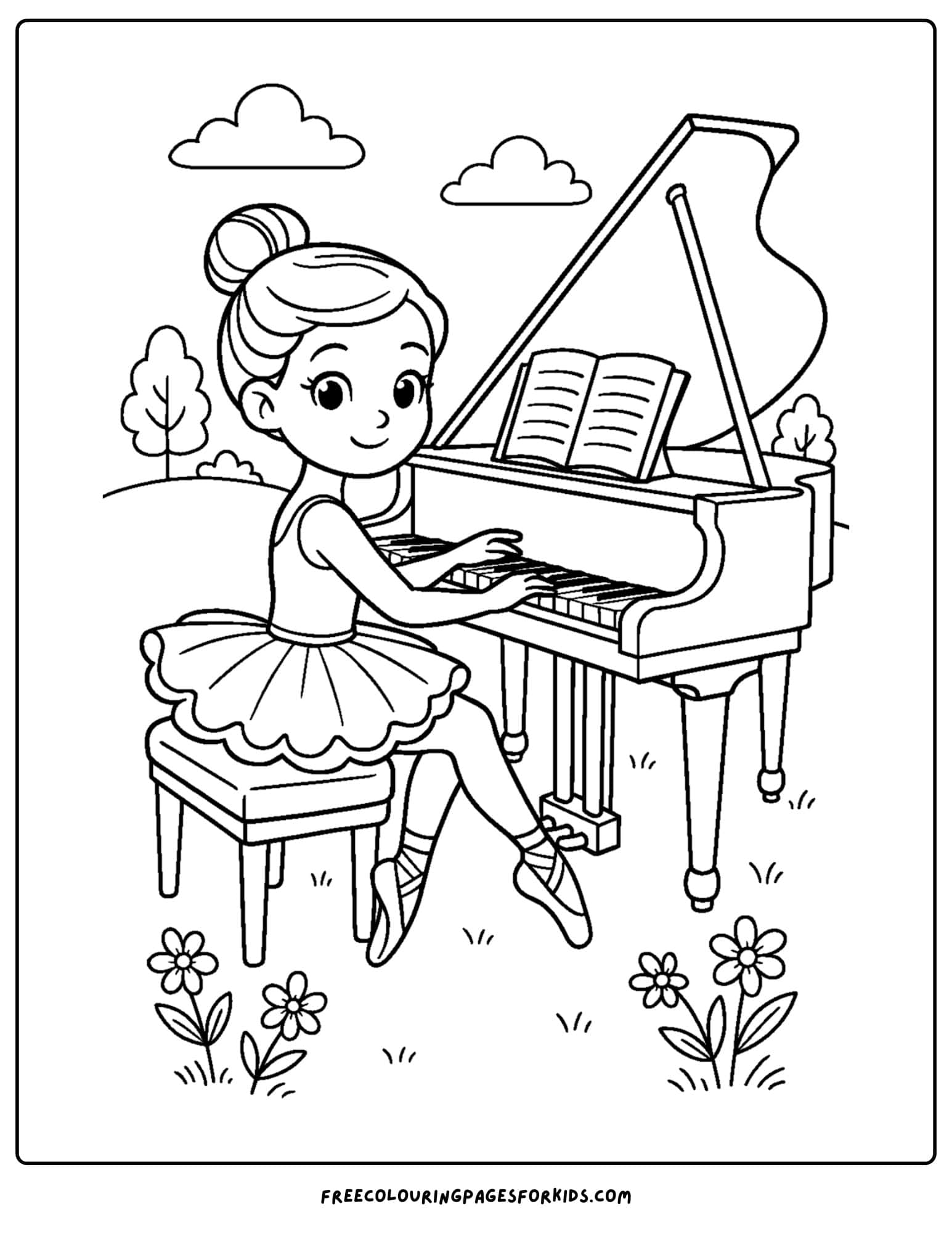 a ballerina playing a garden piano