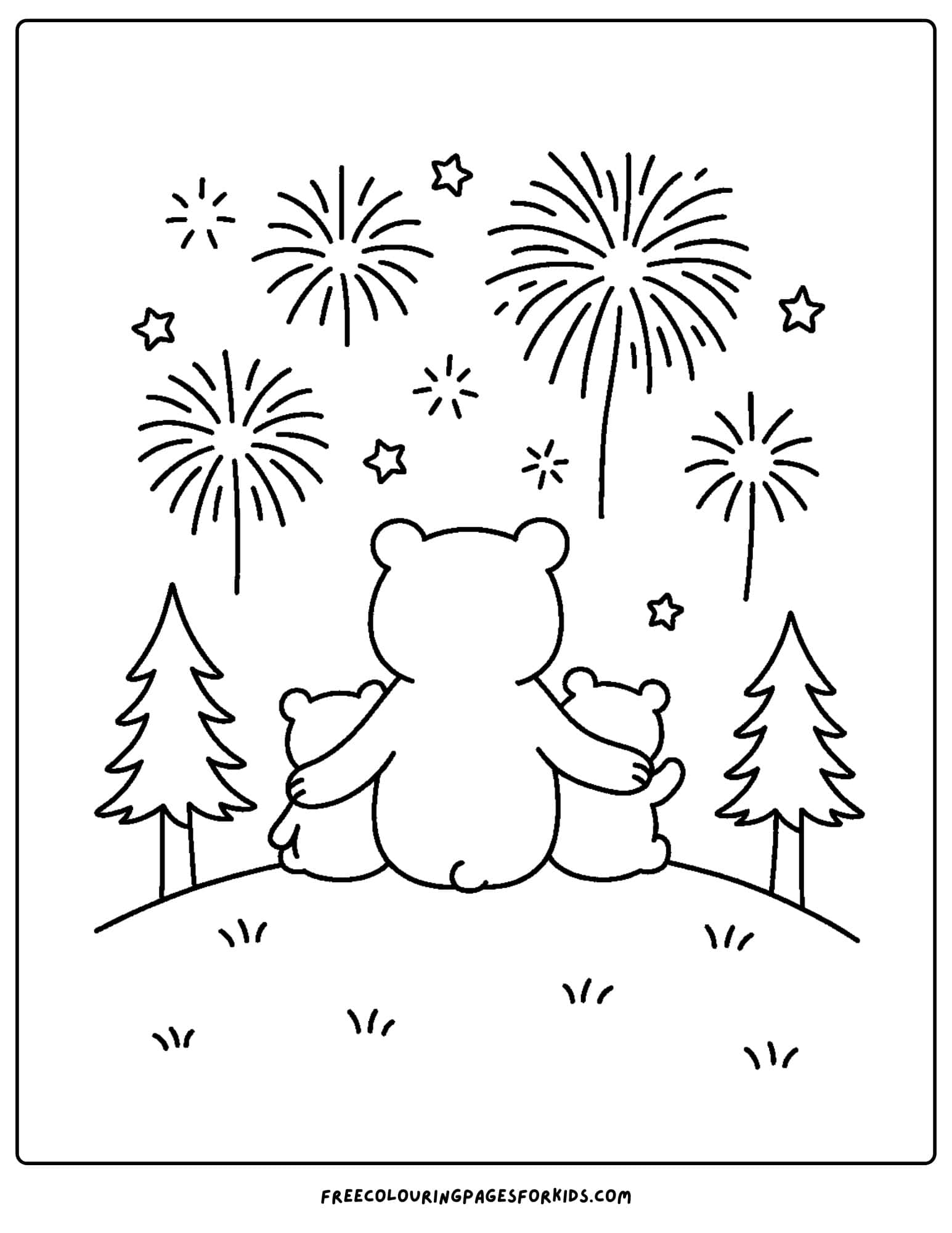 a bear family watching the fireworks