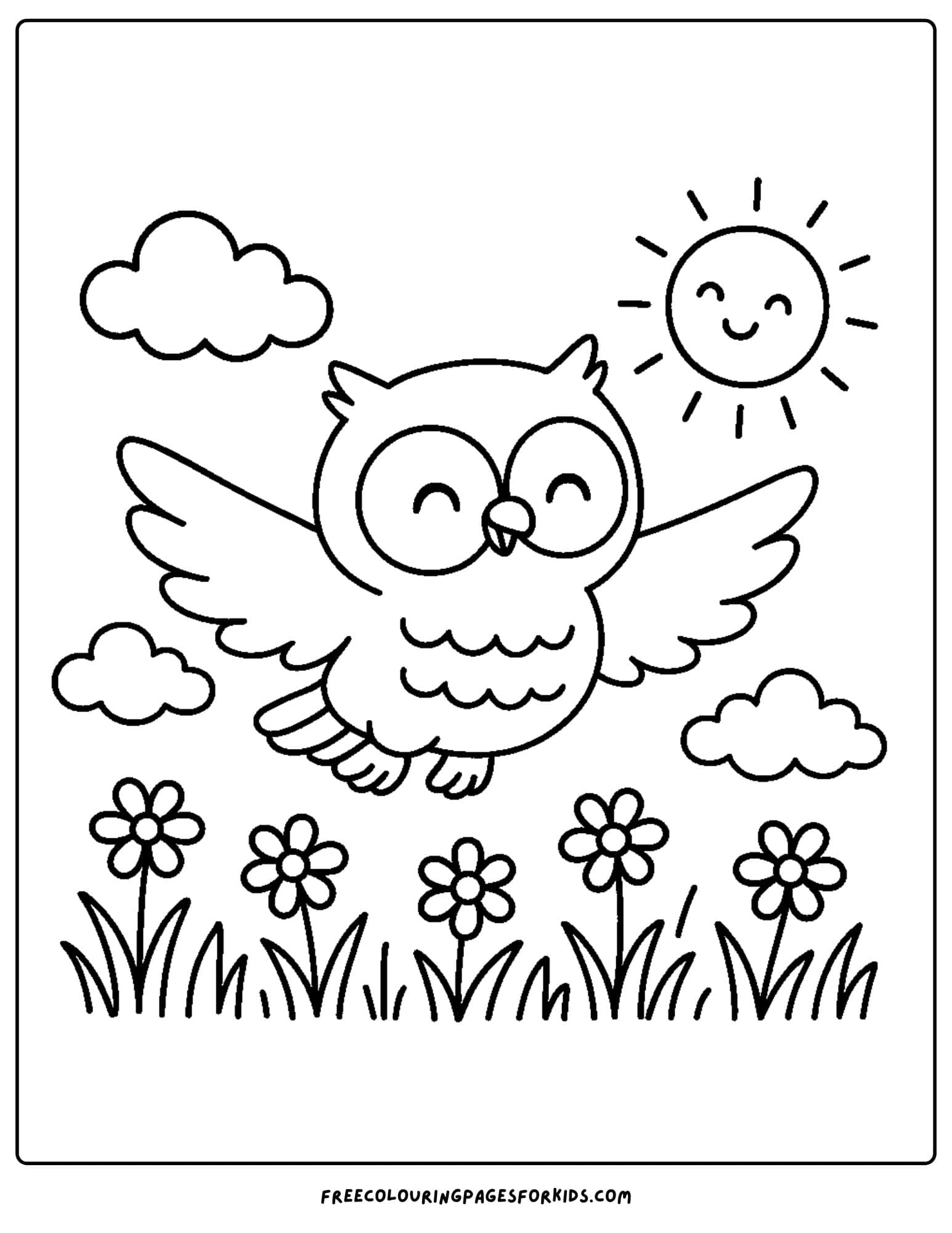 an owl flying over a meadow of flowers
