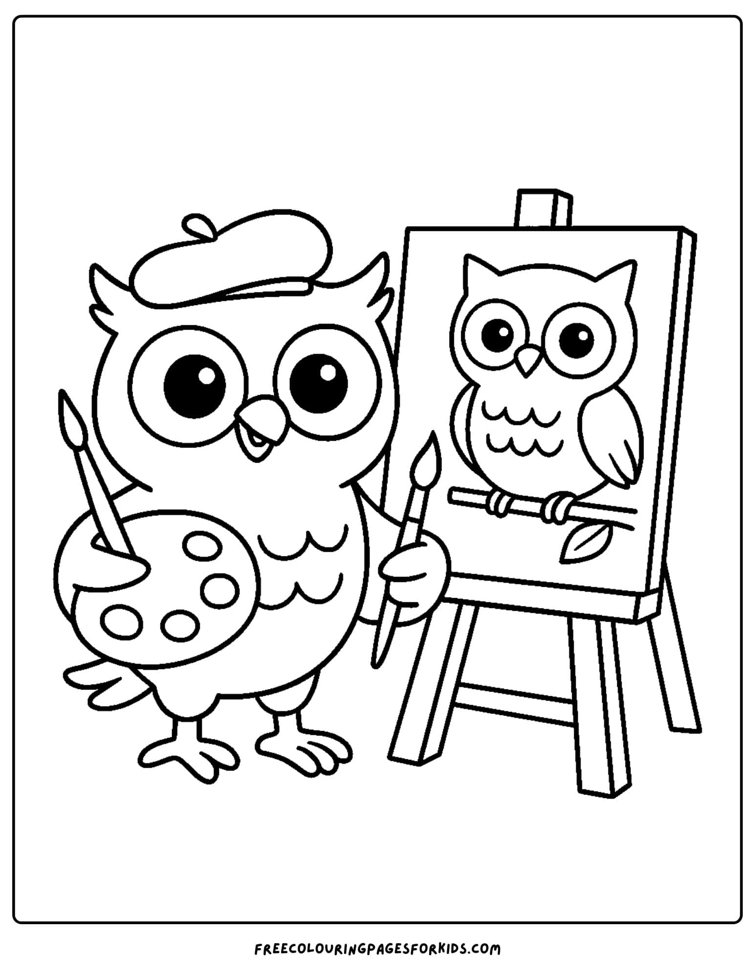 an owl painting a picture