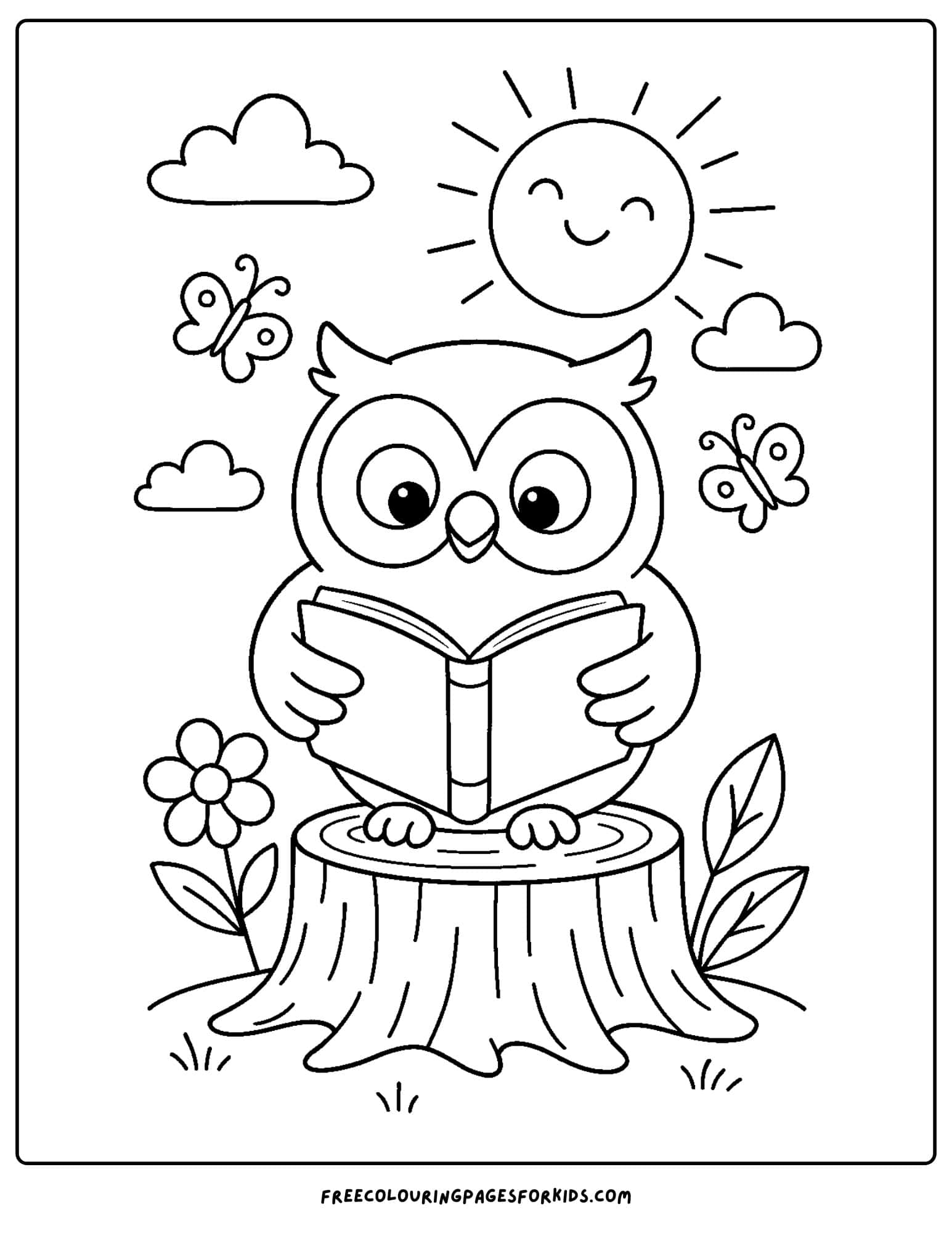 an owl reading on a stump