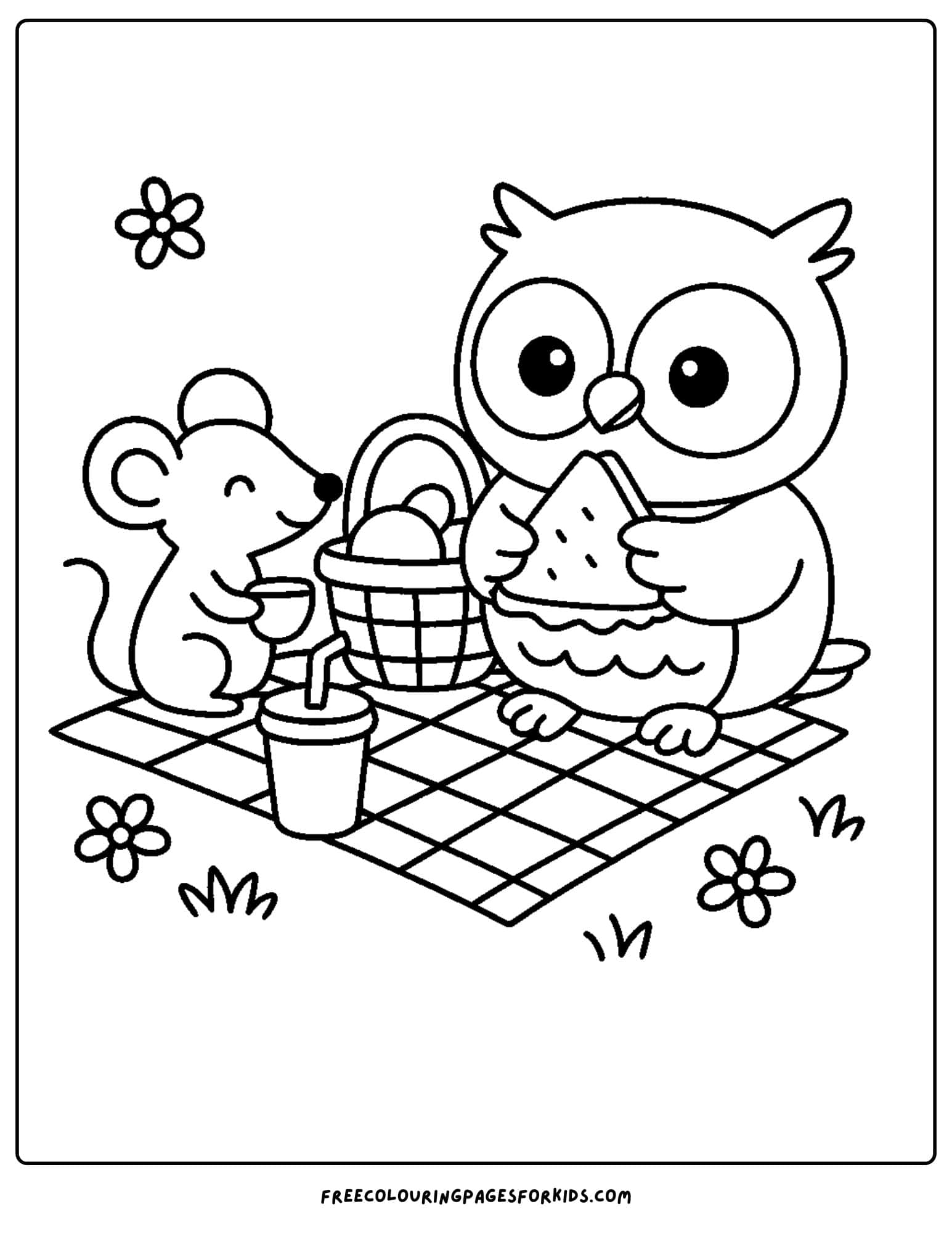 an owl sharing a picnic with a mouse