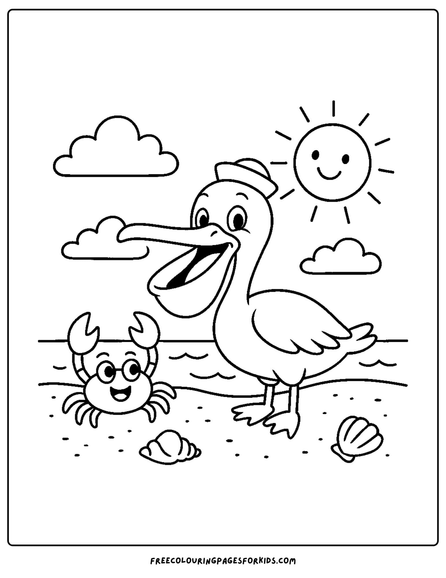 a pelican and crab on the beach