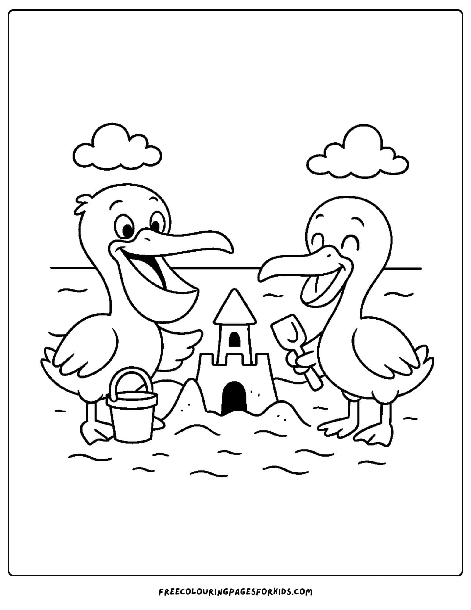 pelicans building a sandcastle