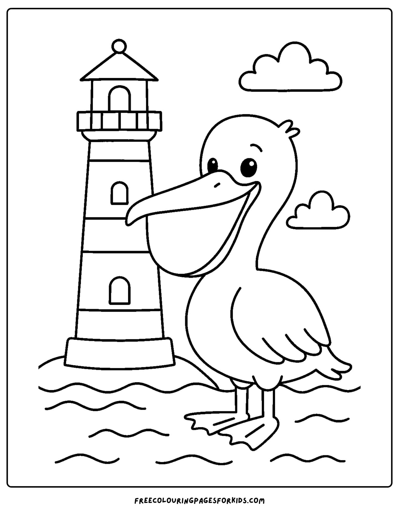 a pelican next to a lighthouse
