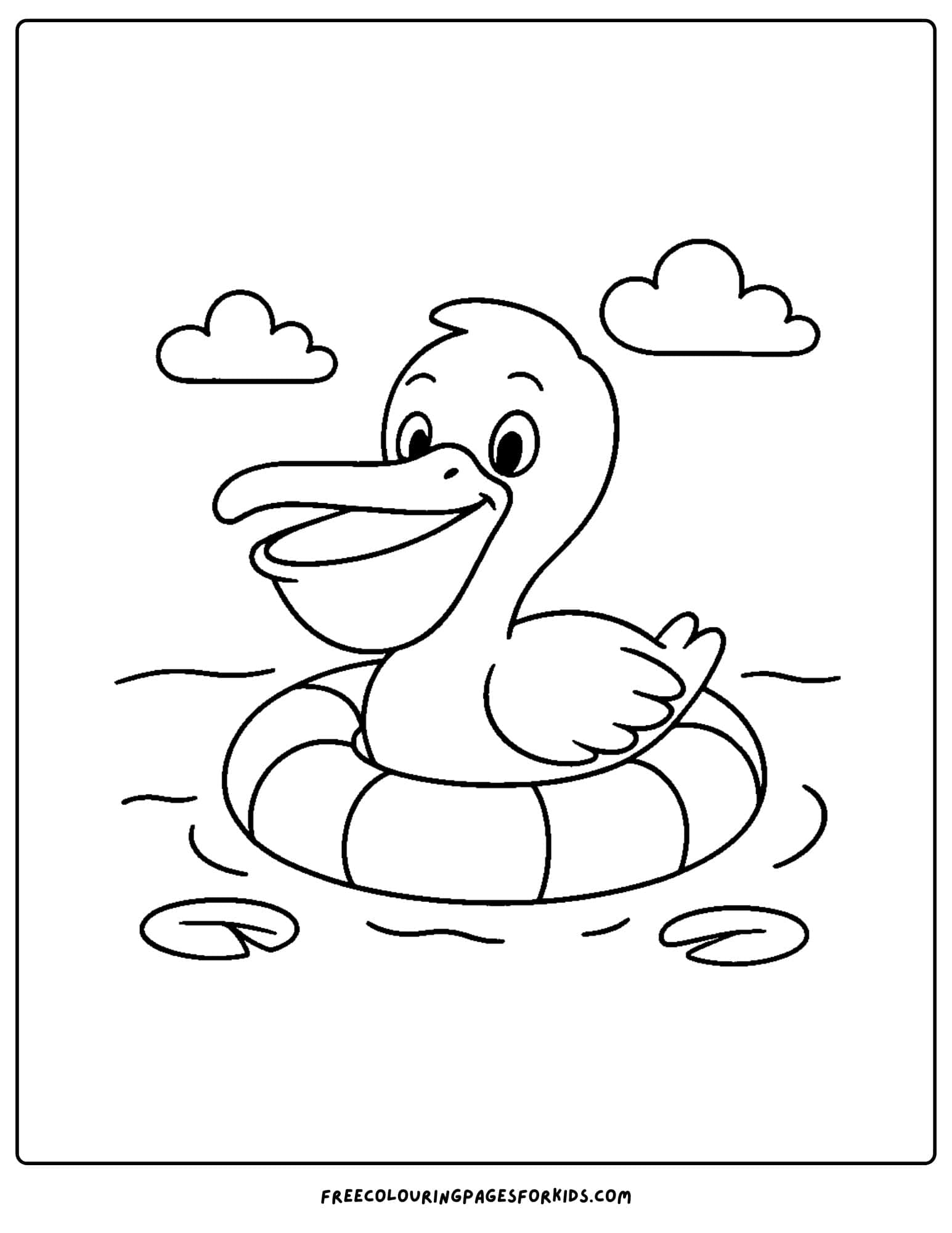 a pelican floating in a tube