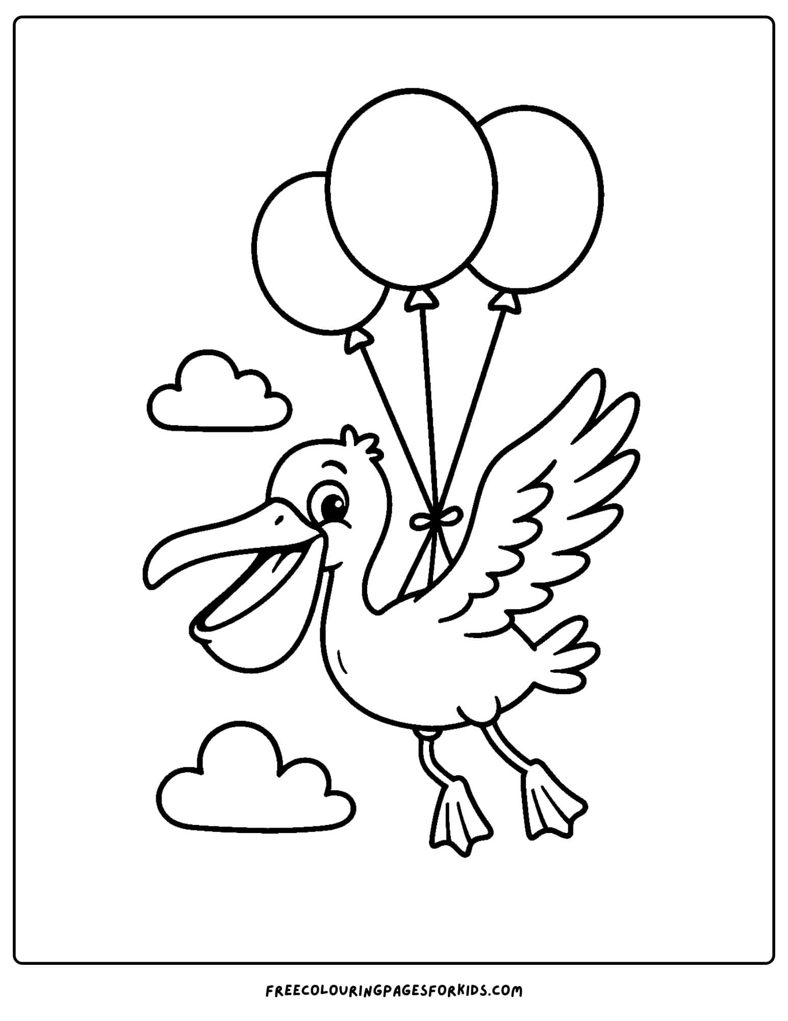 a pelican flying with balloons