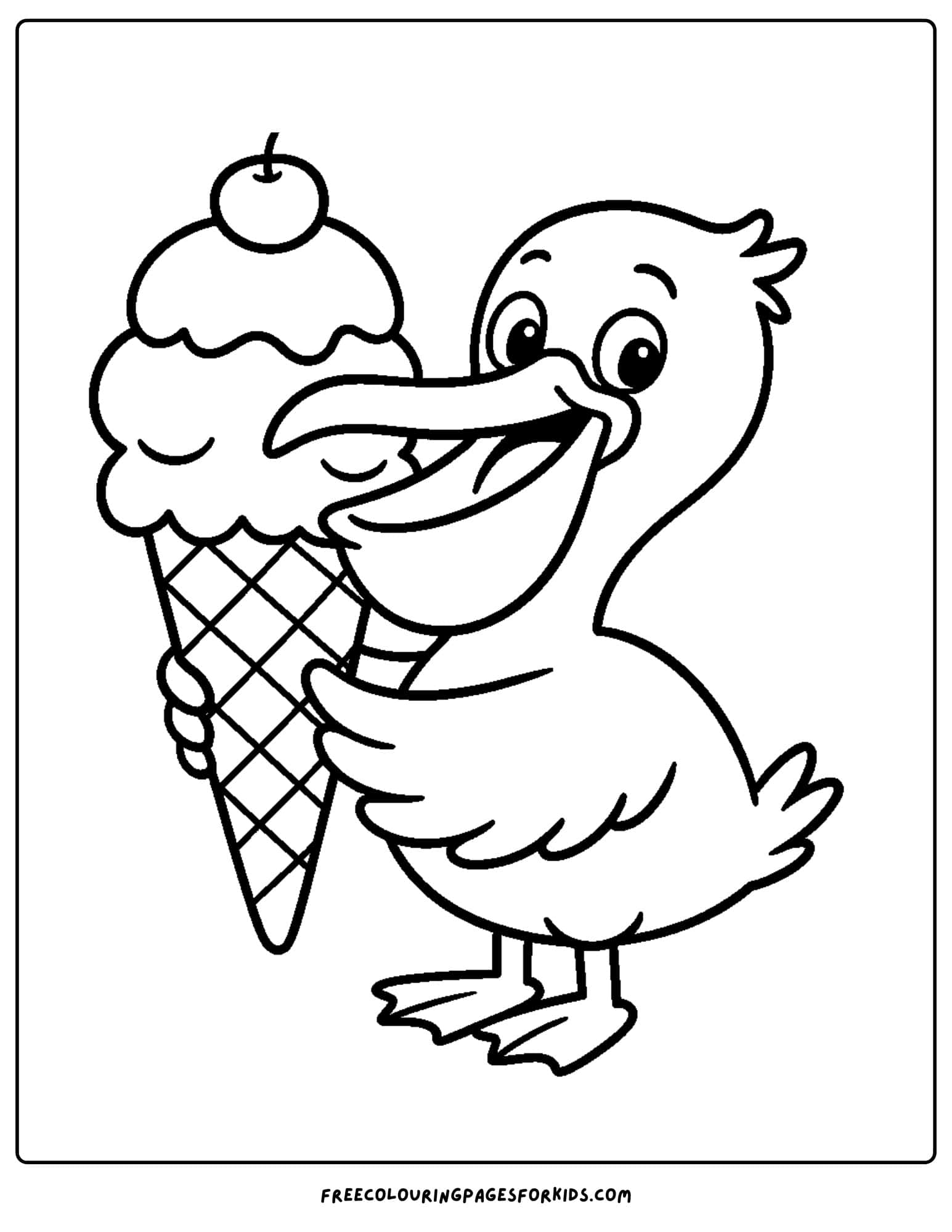 a pelican holding a big ice cream