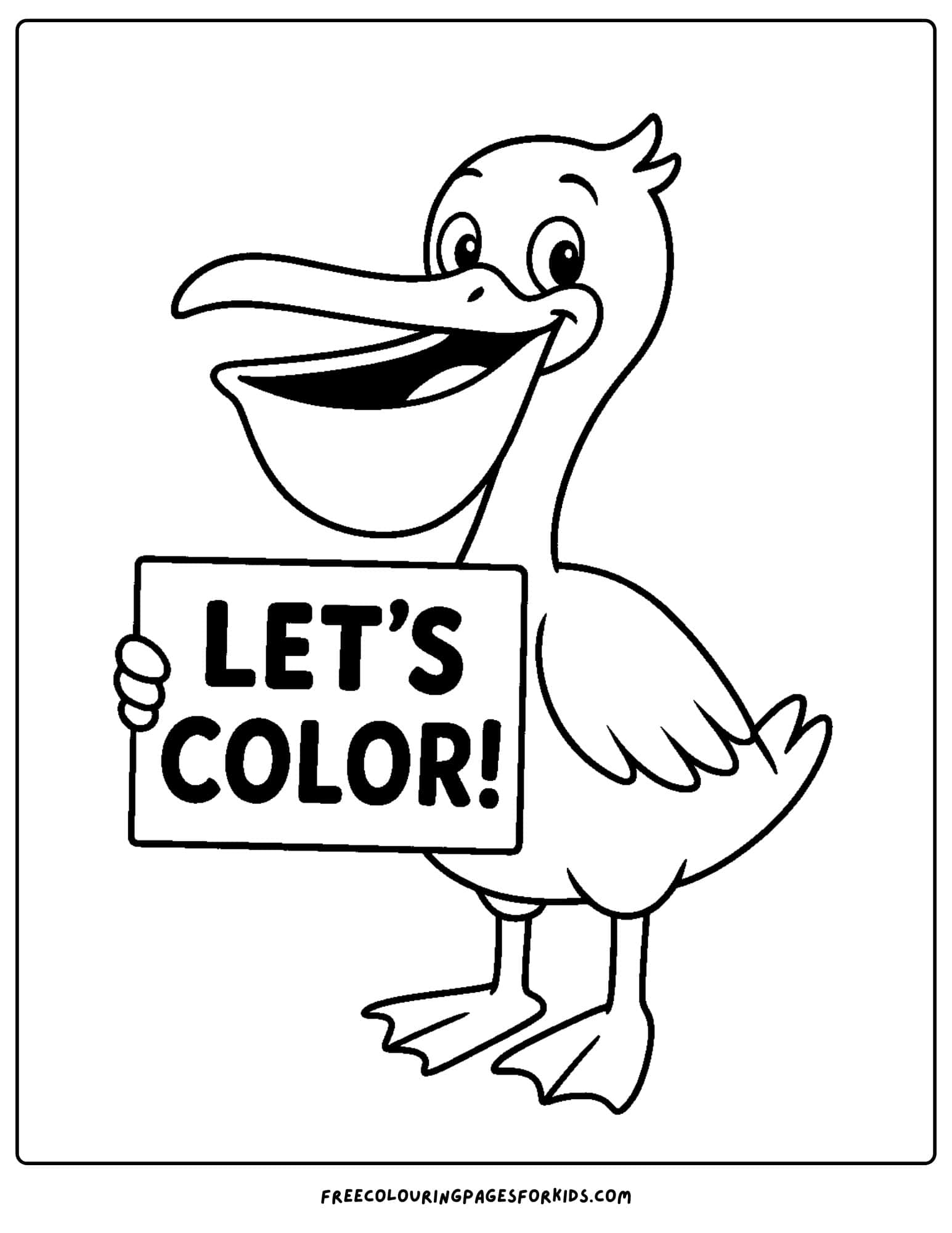 a pelican holding a sign saying lets color