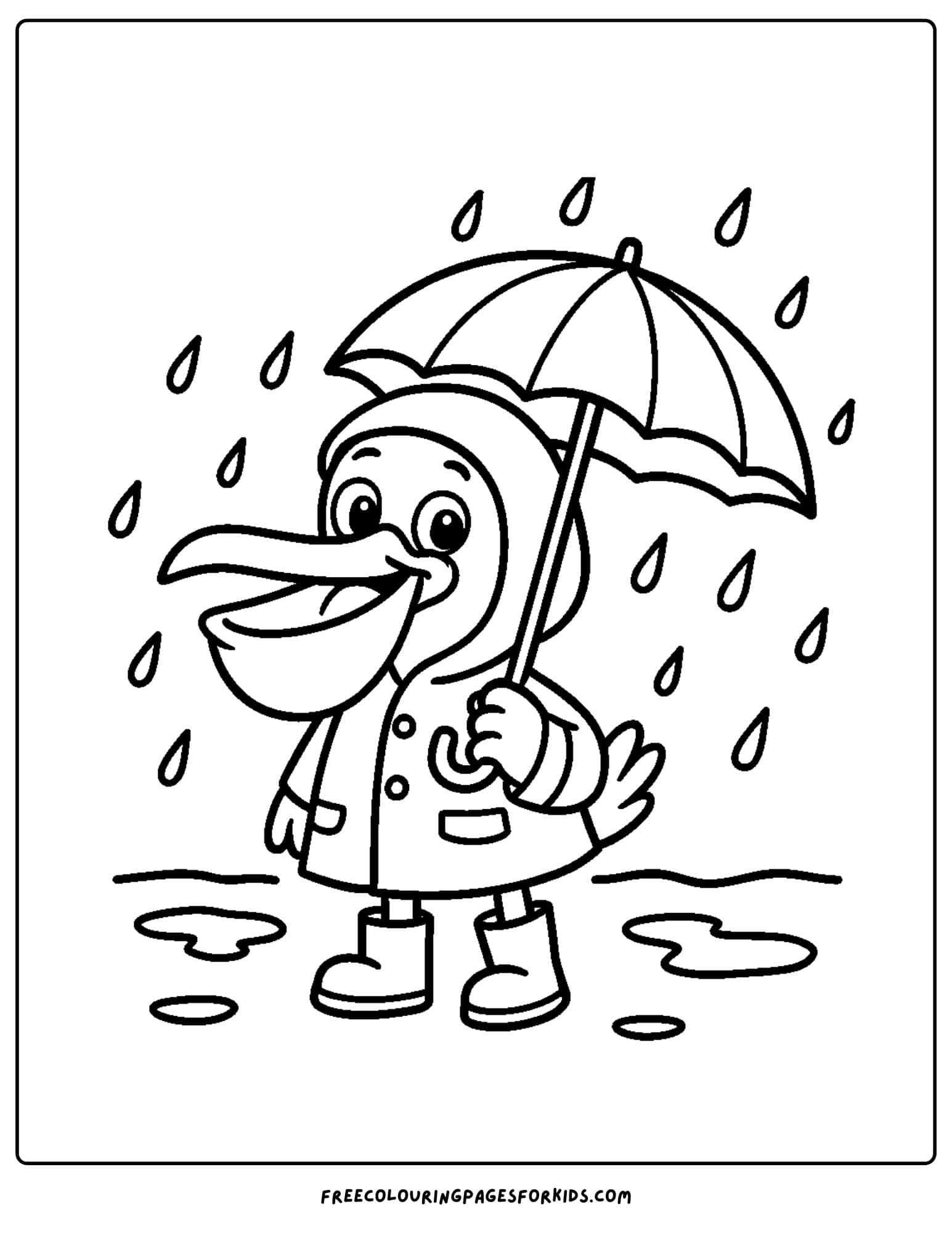 a pelican in the rain under an umbrella and wearing a rain coat