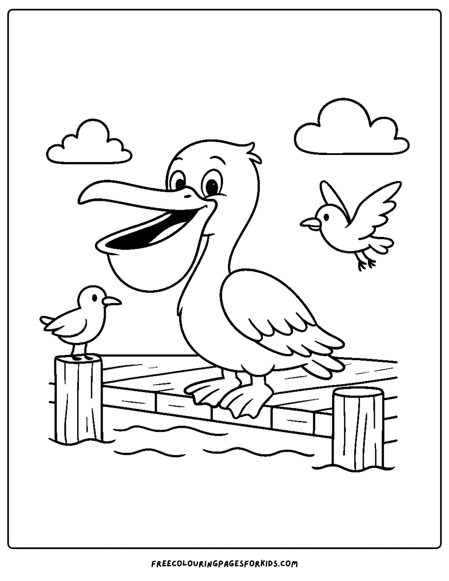 a pelican sitting on a dock with seagulls around