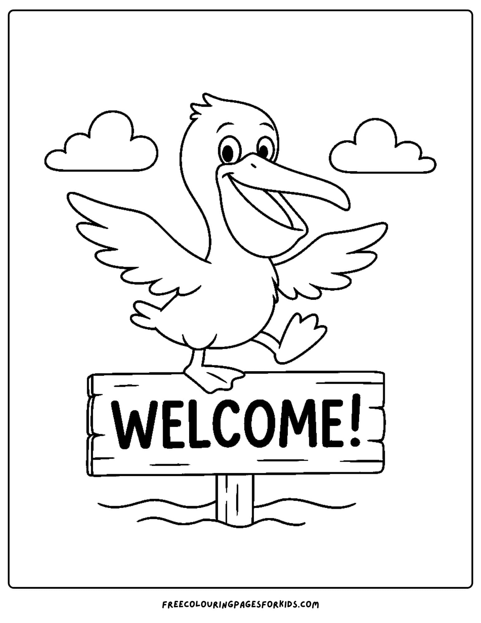 a pelican sitting on a welcome sign